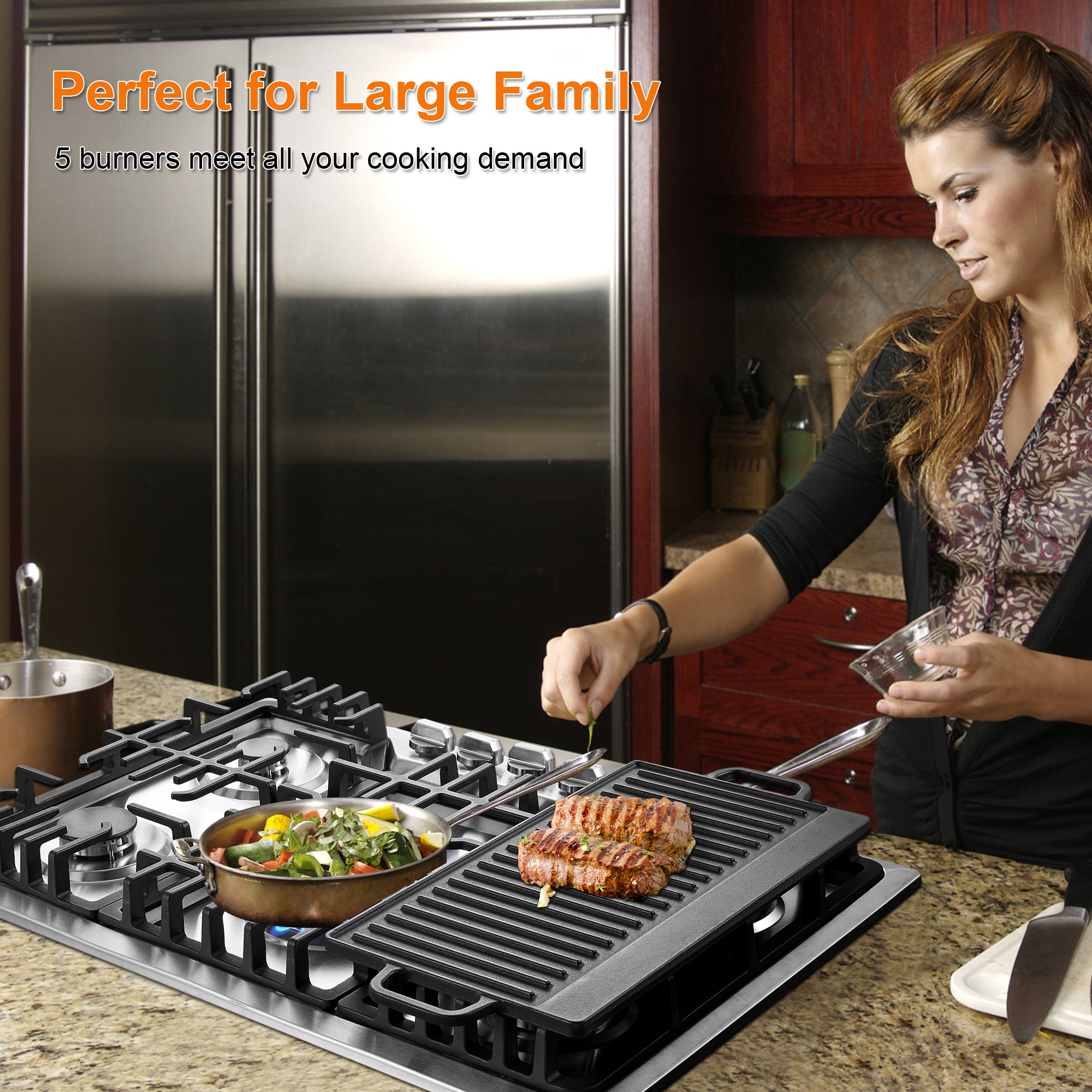 HG001-305S- 5 Burners 30 inch Gas Cooktop NG/LPG Stainless Steel Built-in Hob w/Grill