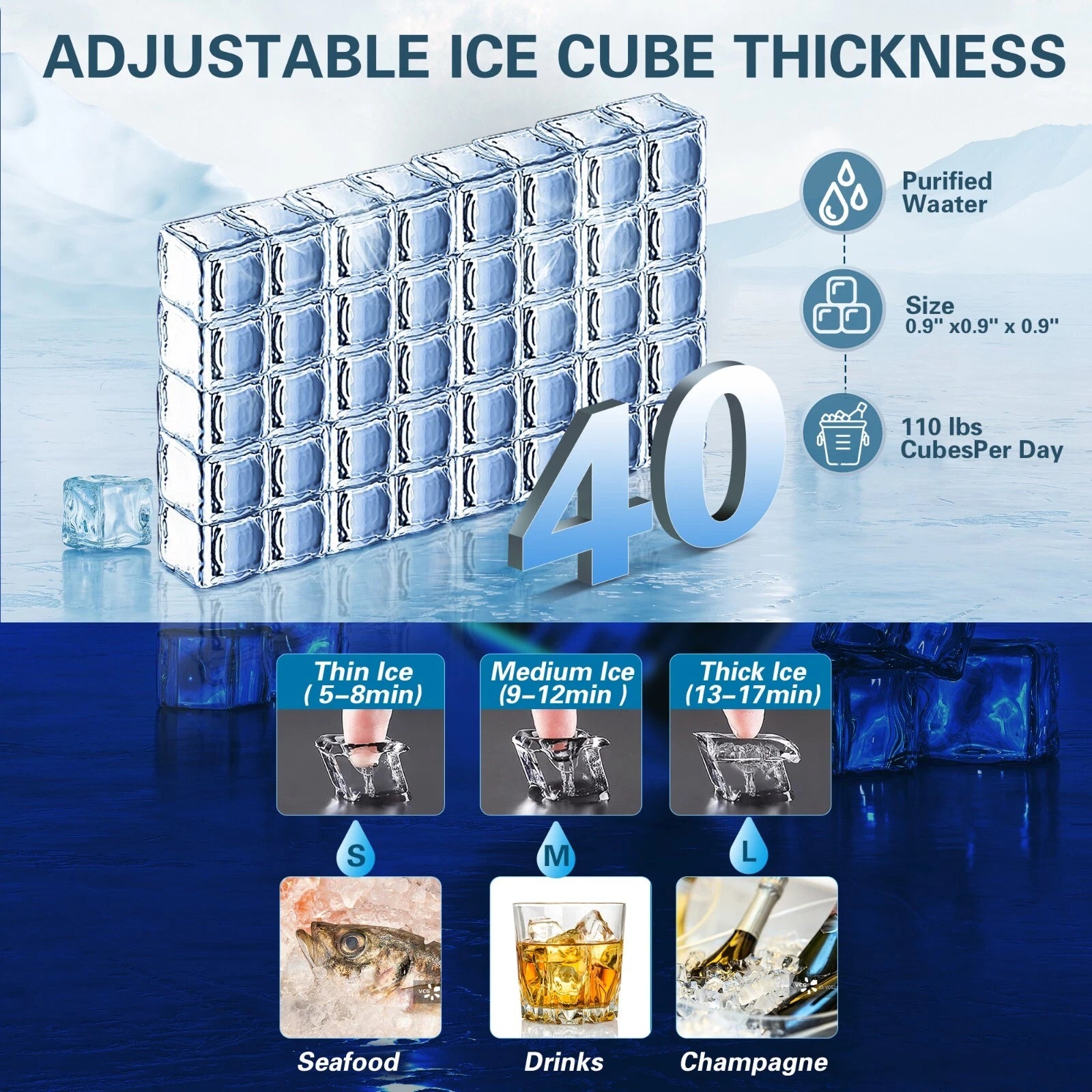 ICBZS40SS01A - 120lbs/24H Commercial Ice Maker Machine, 40 Cubes/Cycle with 33LBS Storage for Home