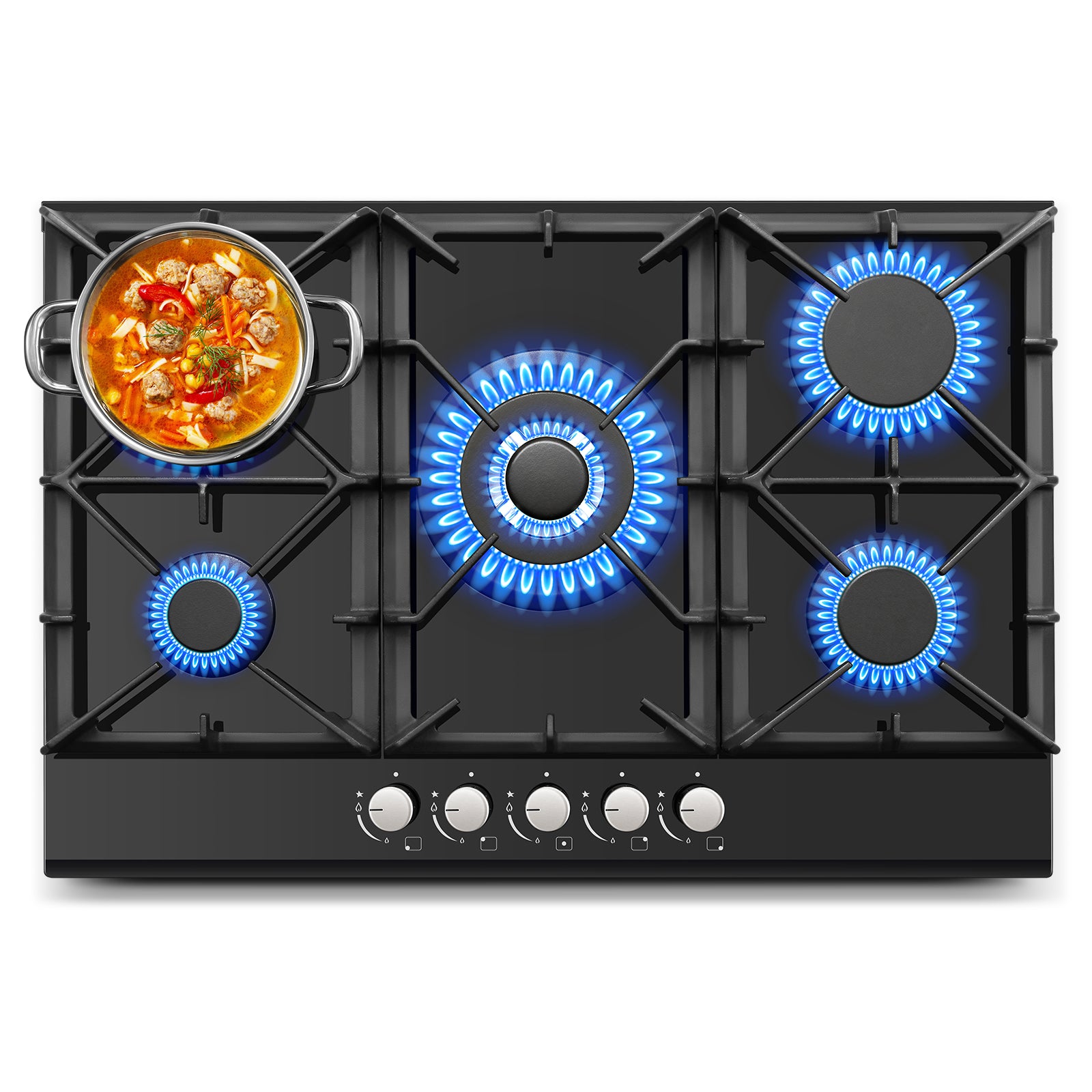 PG001-305G - 30 inch - 5 Burners Built-in Gas Cooktop Black Tempered Glass