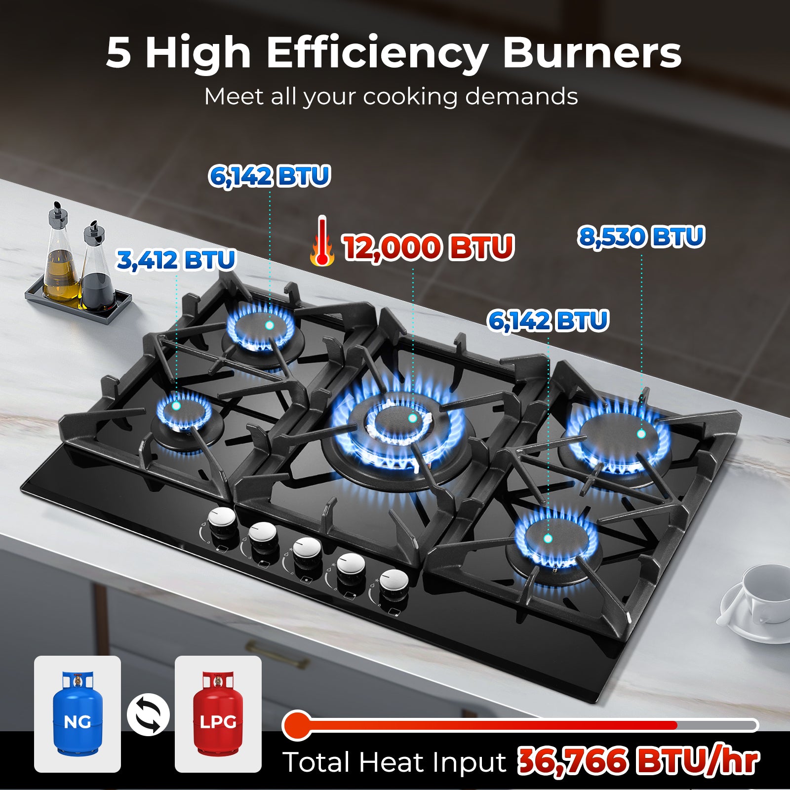 PG001-305G - 30 inch - 5 Burners Built-in Gas Cooktop Black Tempered Glass