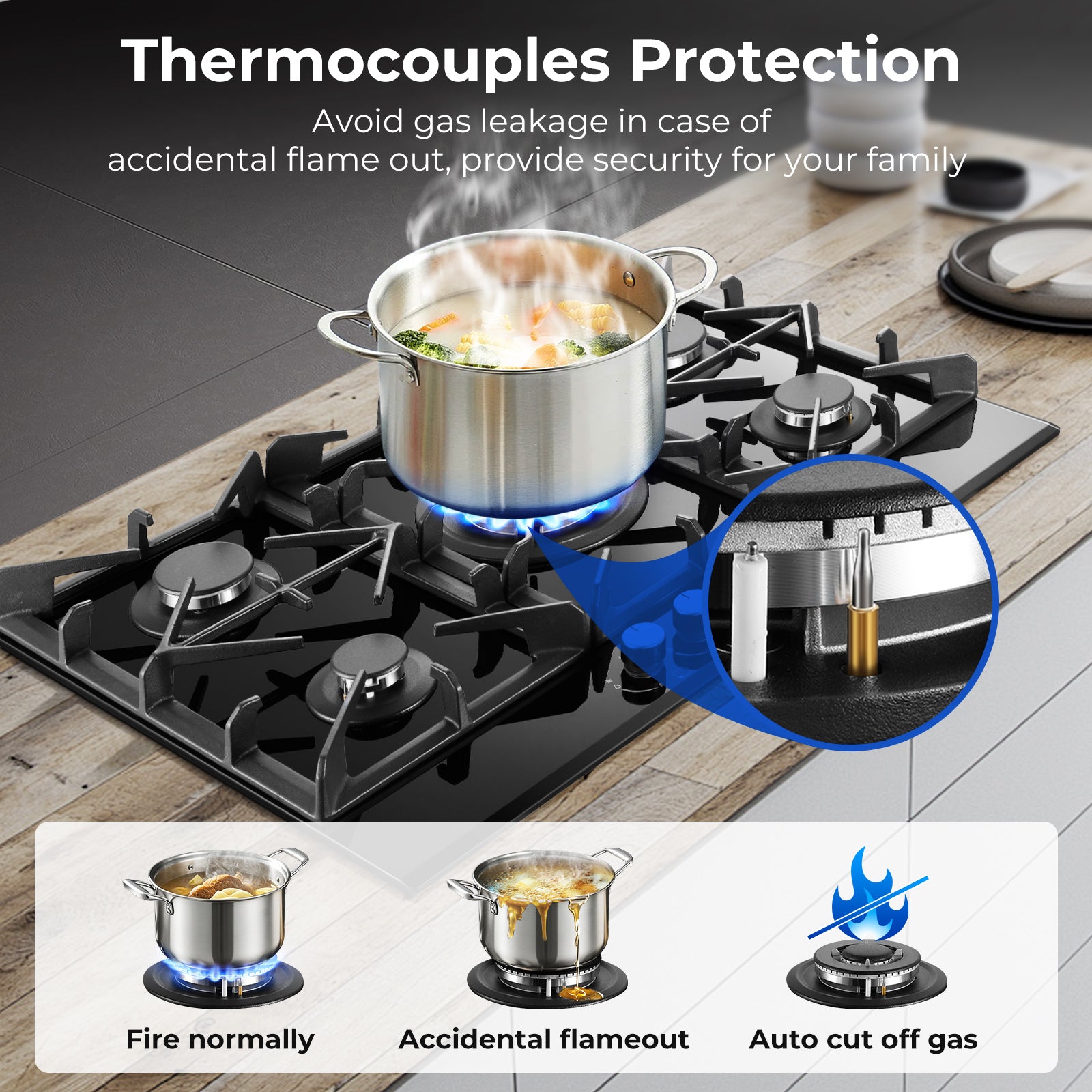 PG001-305G - 30 inch - 5 Burners Built-in Gas Cooktop Black Tempered Glass