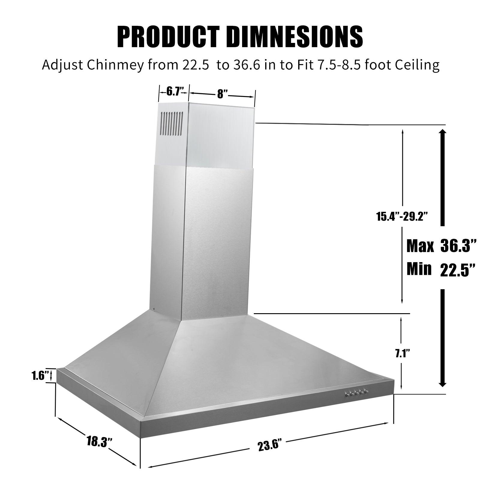 Tieasy 24 Inch Wall Mount Range Hood 450 CFM Ducted/Ductless with 3 Speed Exhaust Fan