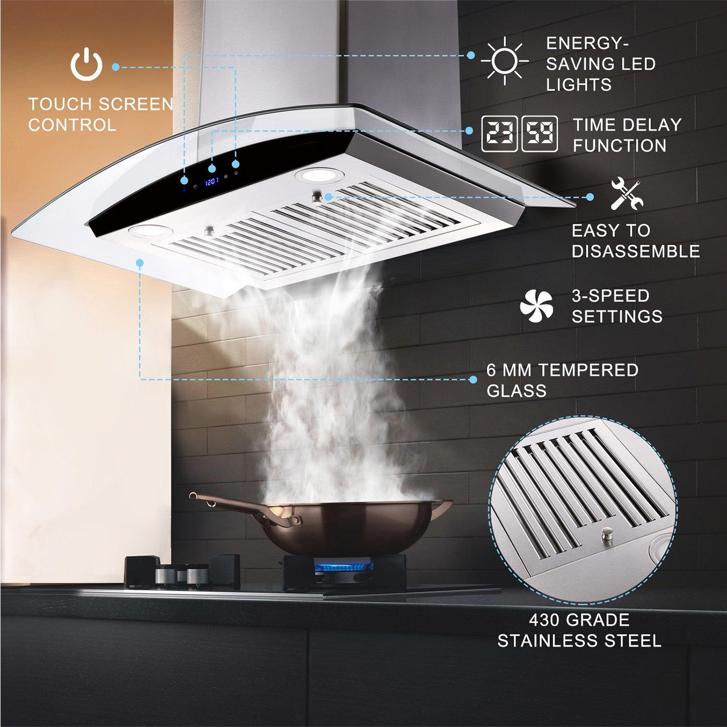 Tieasy 30 inch Wall Mount Range Hood 700 CFM 3 Speed Fan Stainless Steel Filters