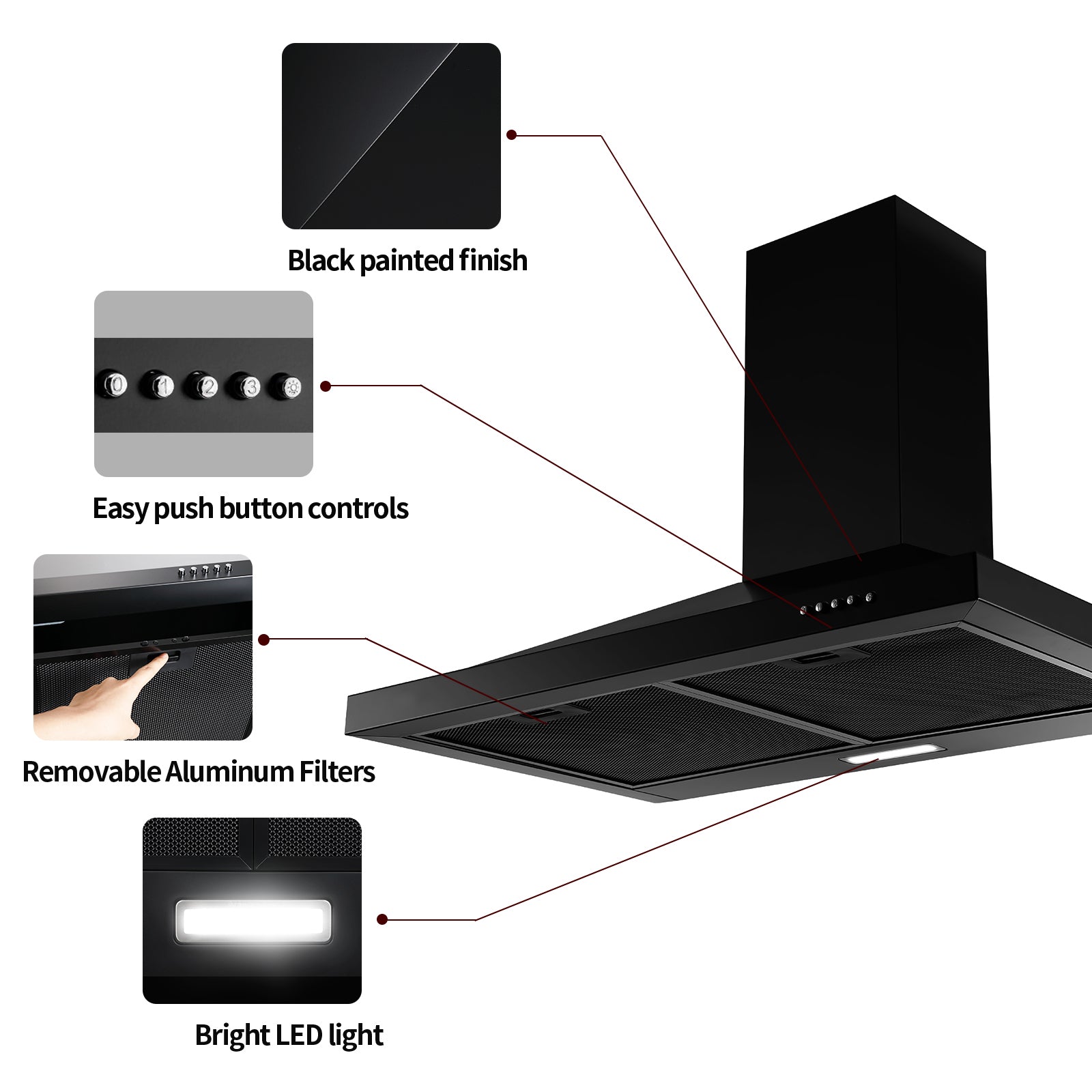 Tieasy 30 inch Wall Mount Range Hood Black 450 CFM DuctedDuctless w 3 Speed Fan