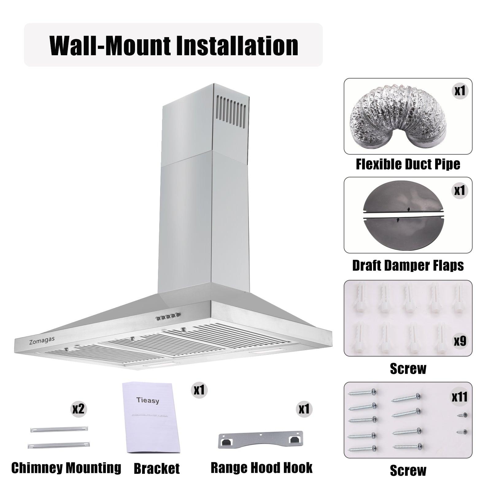 Tieasy 36 Inch Wall Mount Range Hood 3 filters and 2 x 2W LED Lights