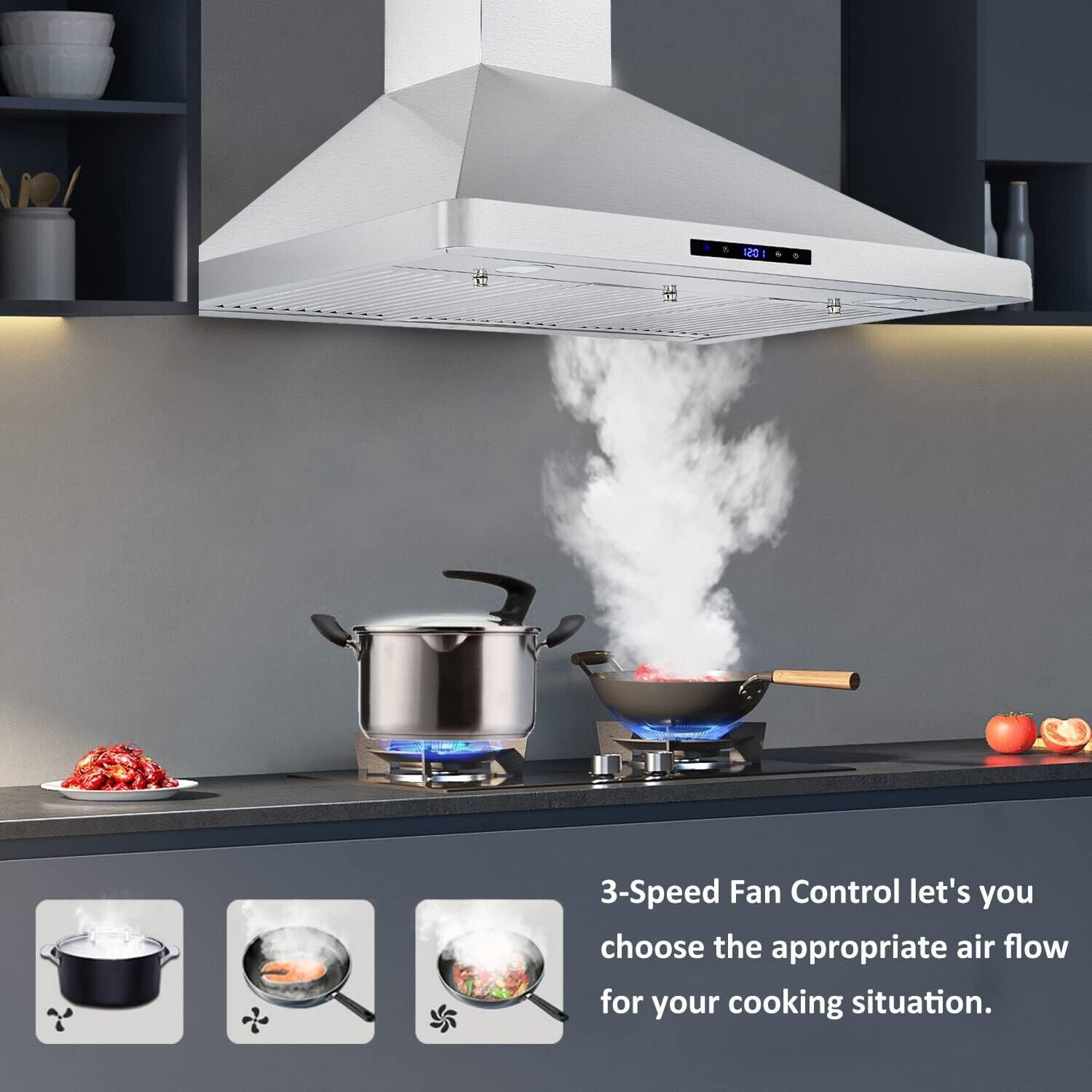 Tieasy 36in Wall Mount Hood Stainless Steel Kitchen Stove Vent 700CFM 3-Speed Fan - 1090