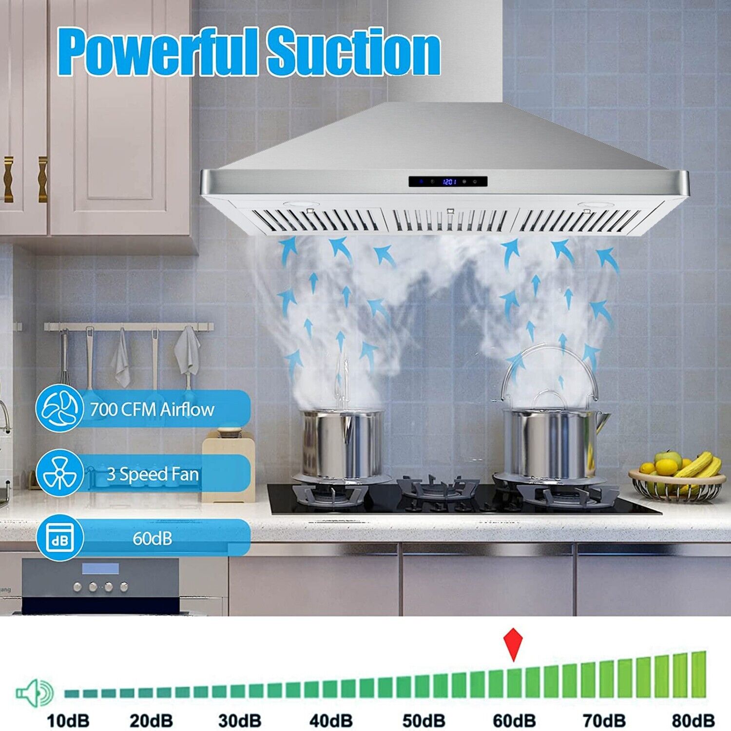 Tieasy 36in Wall Mount Hood Stainless Steel Kitchen Stove Vent 700CFM 3-Speed Fan - 1090