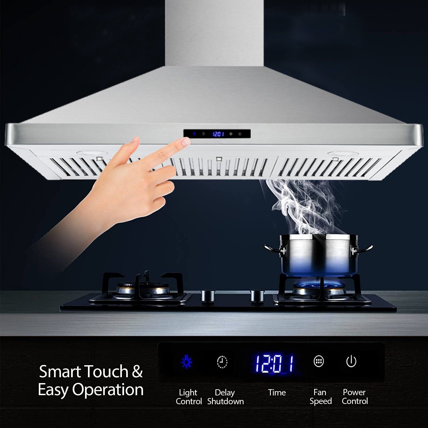 Tieasy 36in Wall Mount Hood Stainless Steel Kitchen Stove Vent 700CFM 3-Speed Fan - 1090