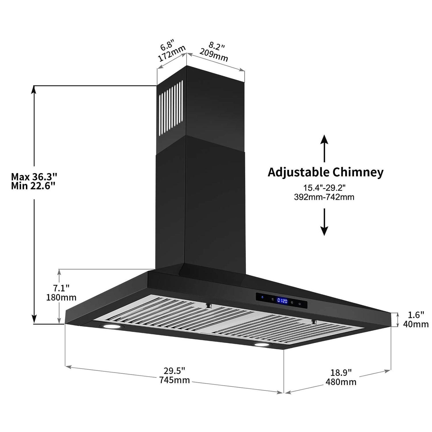 Tieasy Black Range Hood 30 inch Wall Mount Range Hood 450 CFM Vent Hood Touch Control