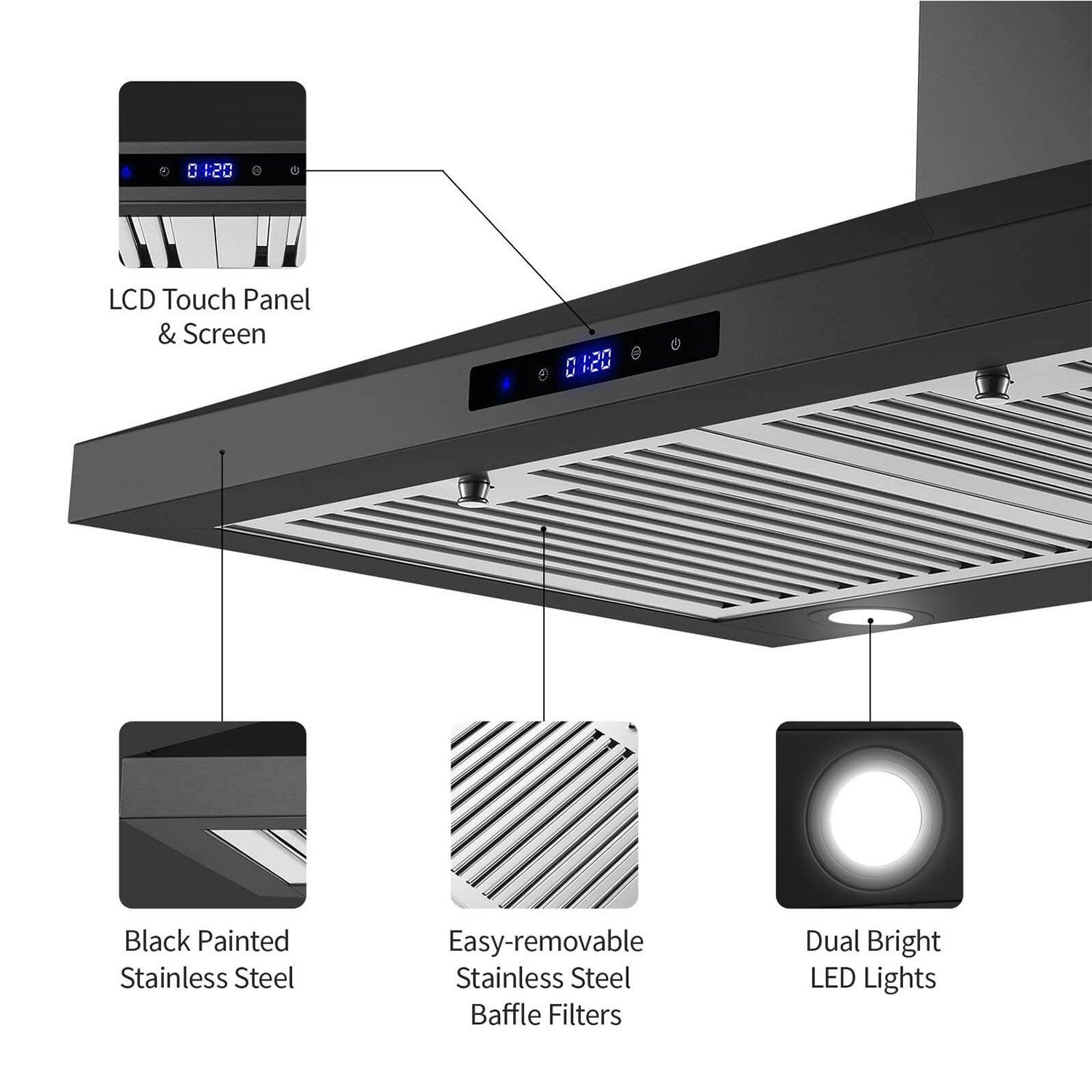 Tieasy Black Range Hood 30 inch Wall Mount Range Hood 450 CFM Vent Hood Touch Control