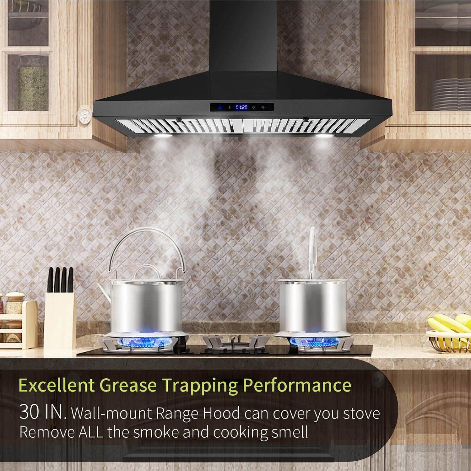 Tieasy Black Range Hood 30 inch Wall Mount Range Hood 450 CFM Vent Hood Touch Control