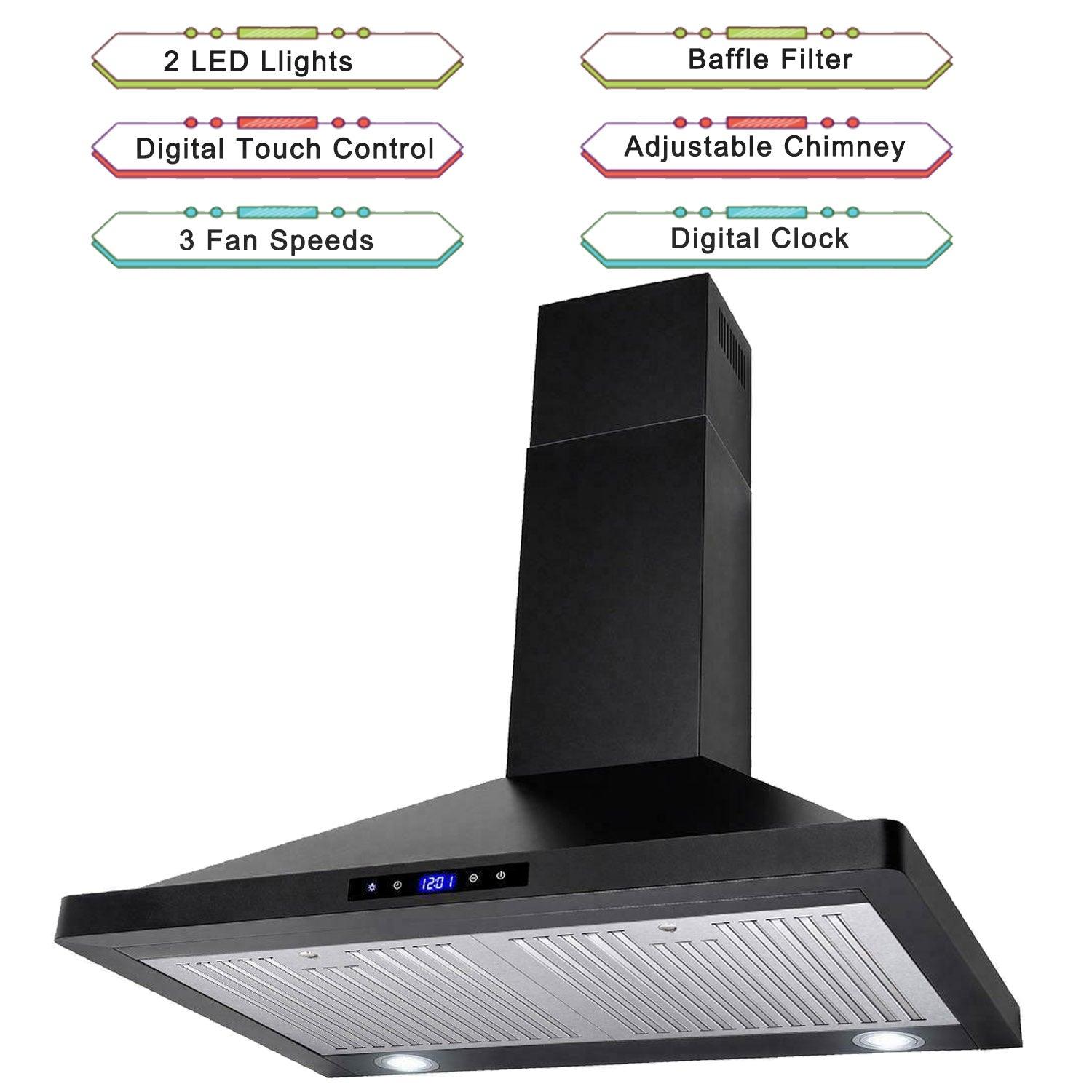 Tieasy Black Range Hood 30 inch Wall Mount Range Hood 450 CFM Vent Hood Touch Control