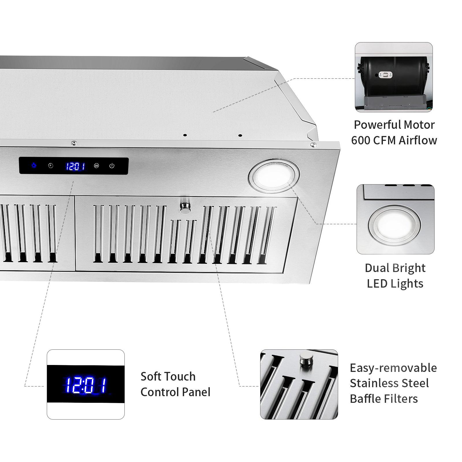 Tieasy Built in Touch Control stainless Steel Kitchen Vent Hood 600CFM - USGB 1370TC - Tieasy