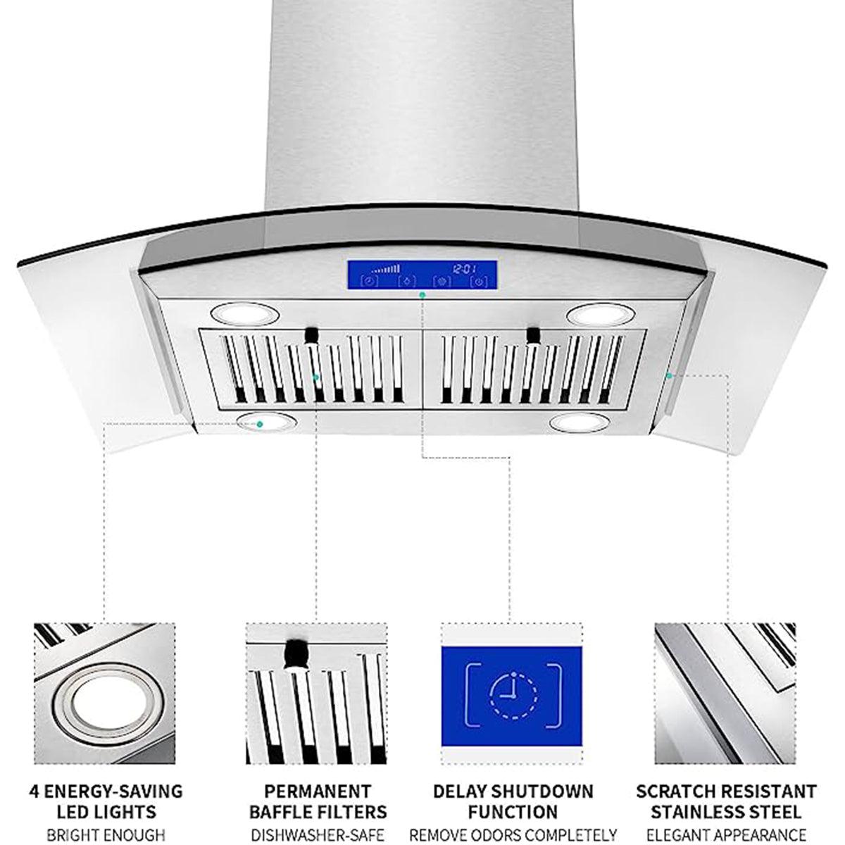 Tieasy Island Range Hood 30 Inch 700 CFM Ceiling Mount Stainless Steel Kitchen Vent Hood - YYF0275B-S