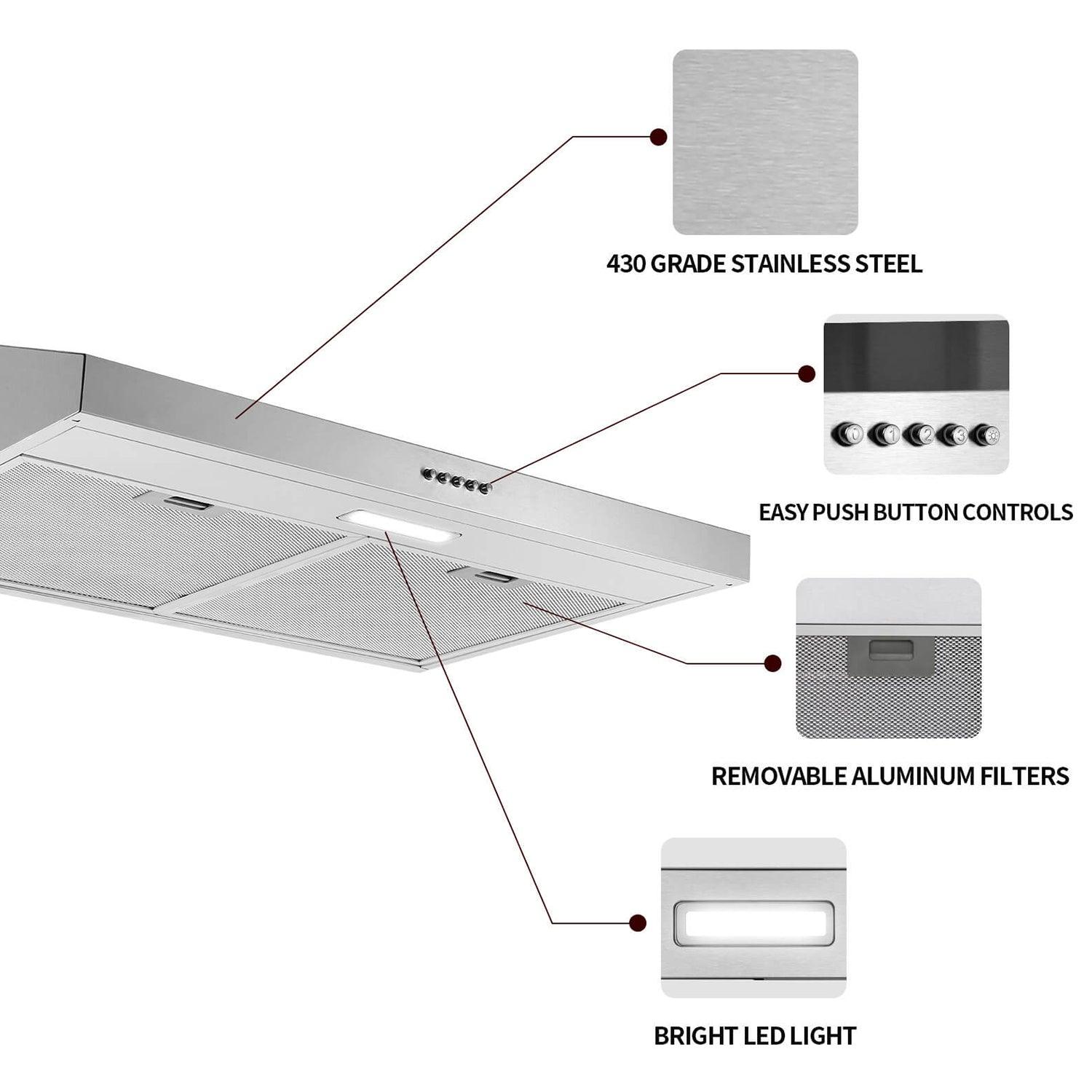 Tieasy Range Hood 30 inch Under Cabinet Range Hood 230 CFM with Carbon Filter