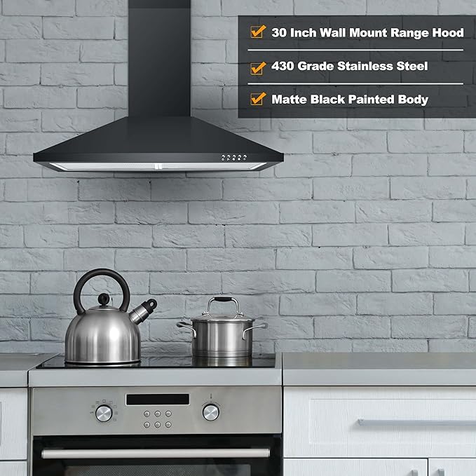 US1001G75BPA- 30 inch 450 CFM Black Wall Mount Range Hood