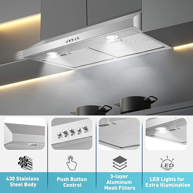 US0475A - 30 Inch - 500CFM - Under Cabinet Range Hood with 2 Aluminum Mesh Filter & LED Lights, Puch Button