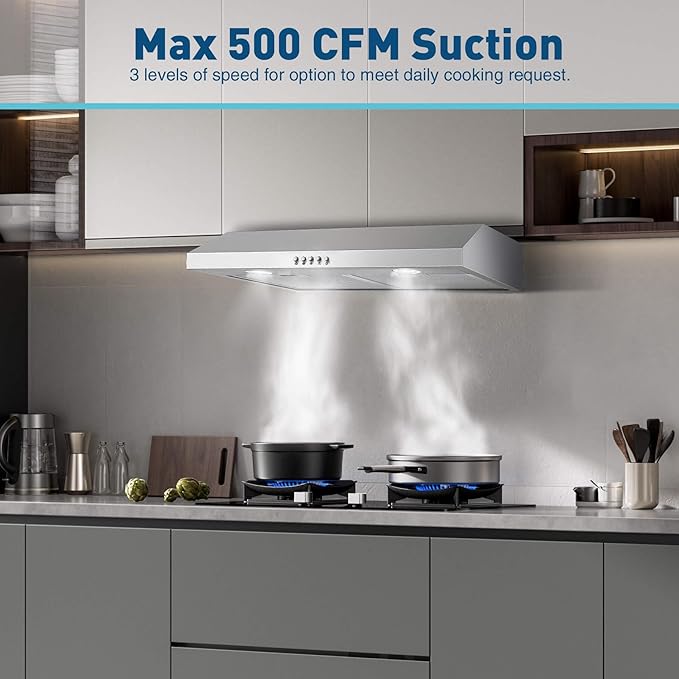 US0475A - 30 Inch - 500CFM - Under Cabinet Range Hood with 2 Aluminum Mesh Filter & LED Lights, Puch Button