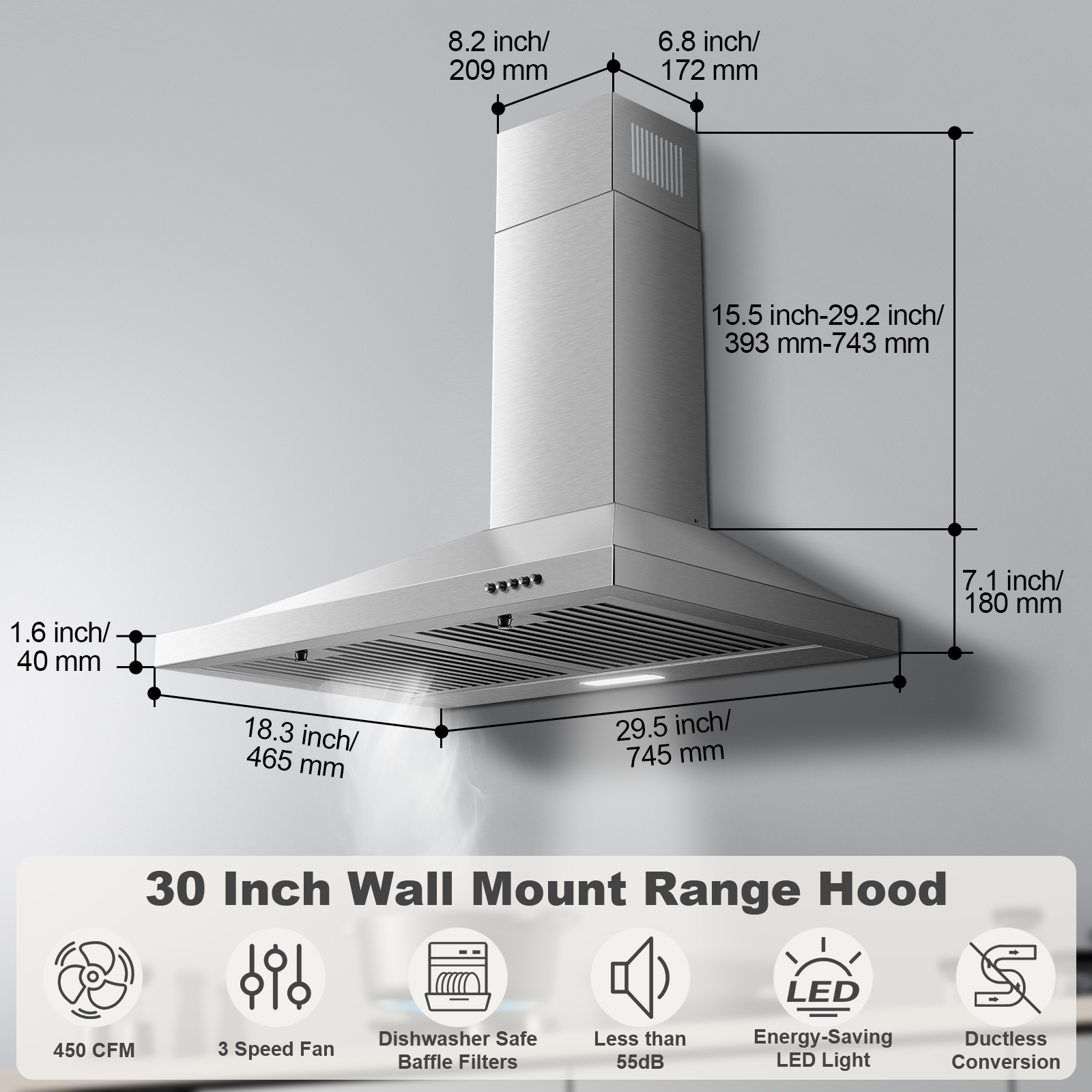 ZMS-0675 - 30 inch Wall Mount Range Hood, 450 CFM Ducted/Ductless Vent Hood, Stainless Steel