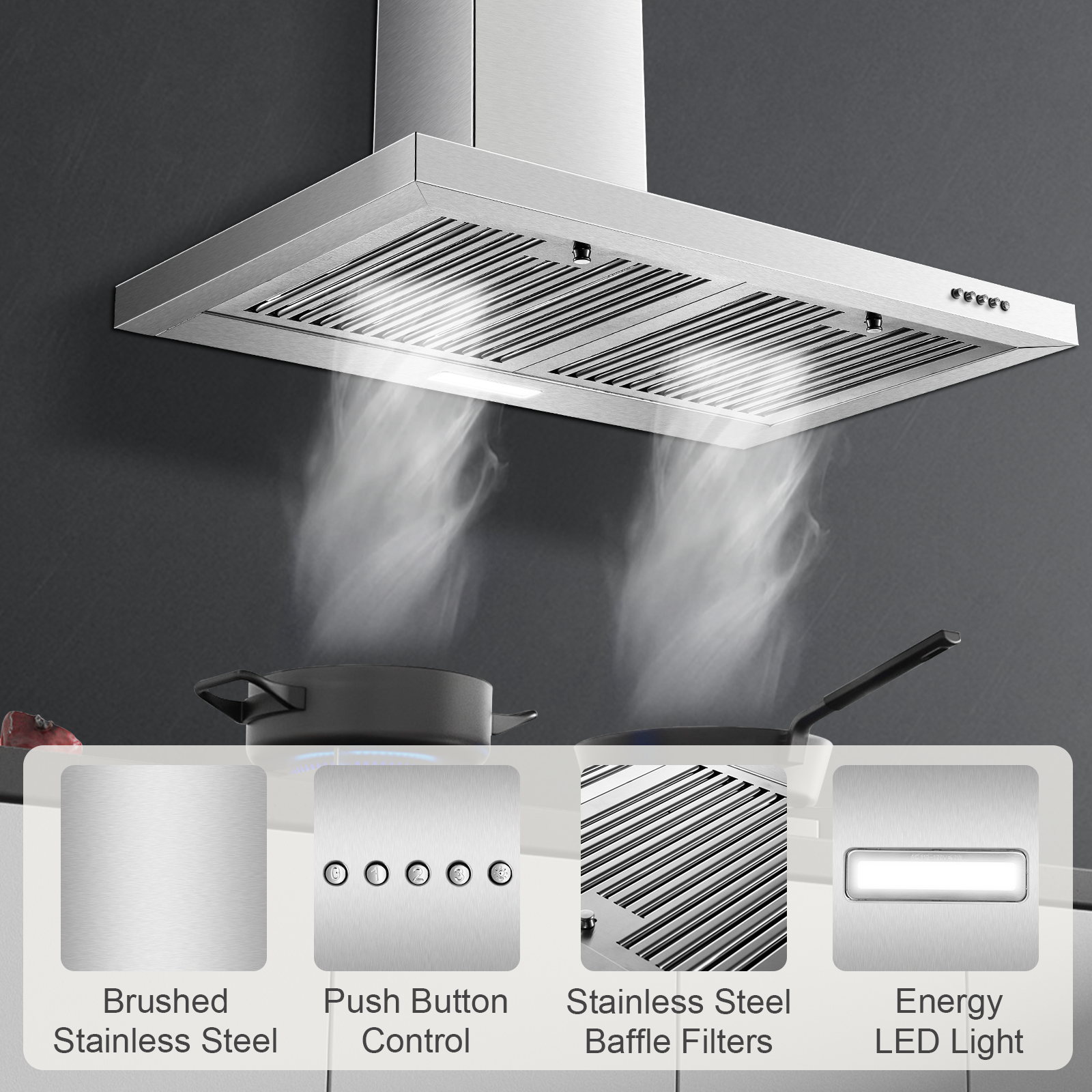 ZMS-0675 - 30 inch Wall Mount Range Hood, 450 CFM Ducted/Ductless Vent Hood, Stainless Steel
