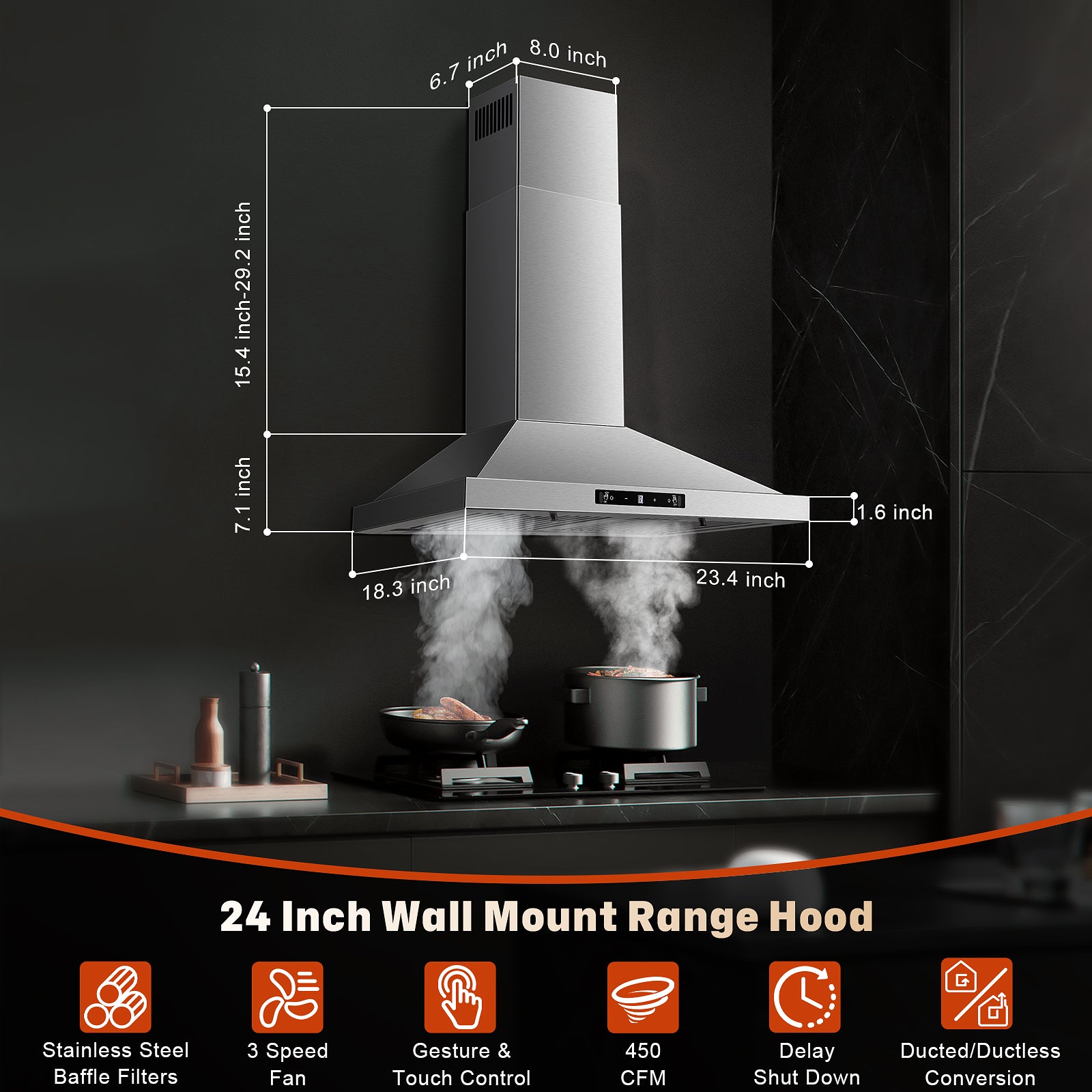 ZMS-1760TS- 24 Inch Wall Mount Range Hood - 450CFM Ducted/Ductless Range Hood