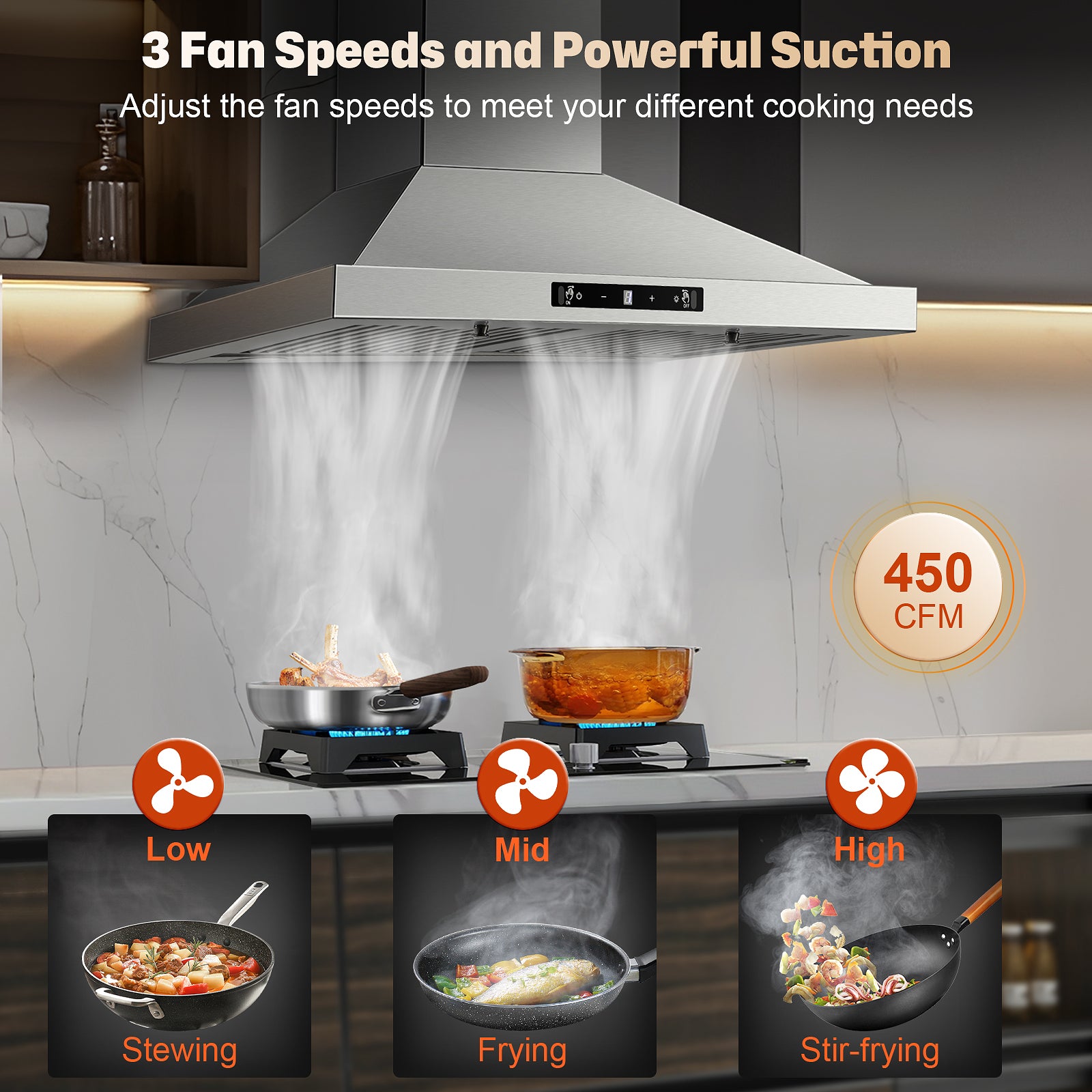 ZMS-1760TS- 24 Inch Wall Mount Range Hood - 450CFM Ducted/Ductless Range Hood