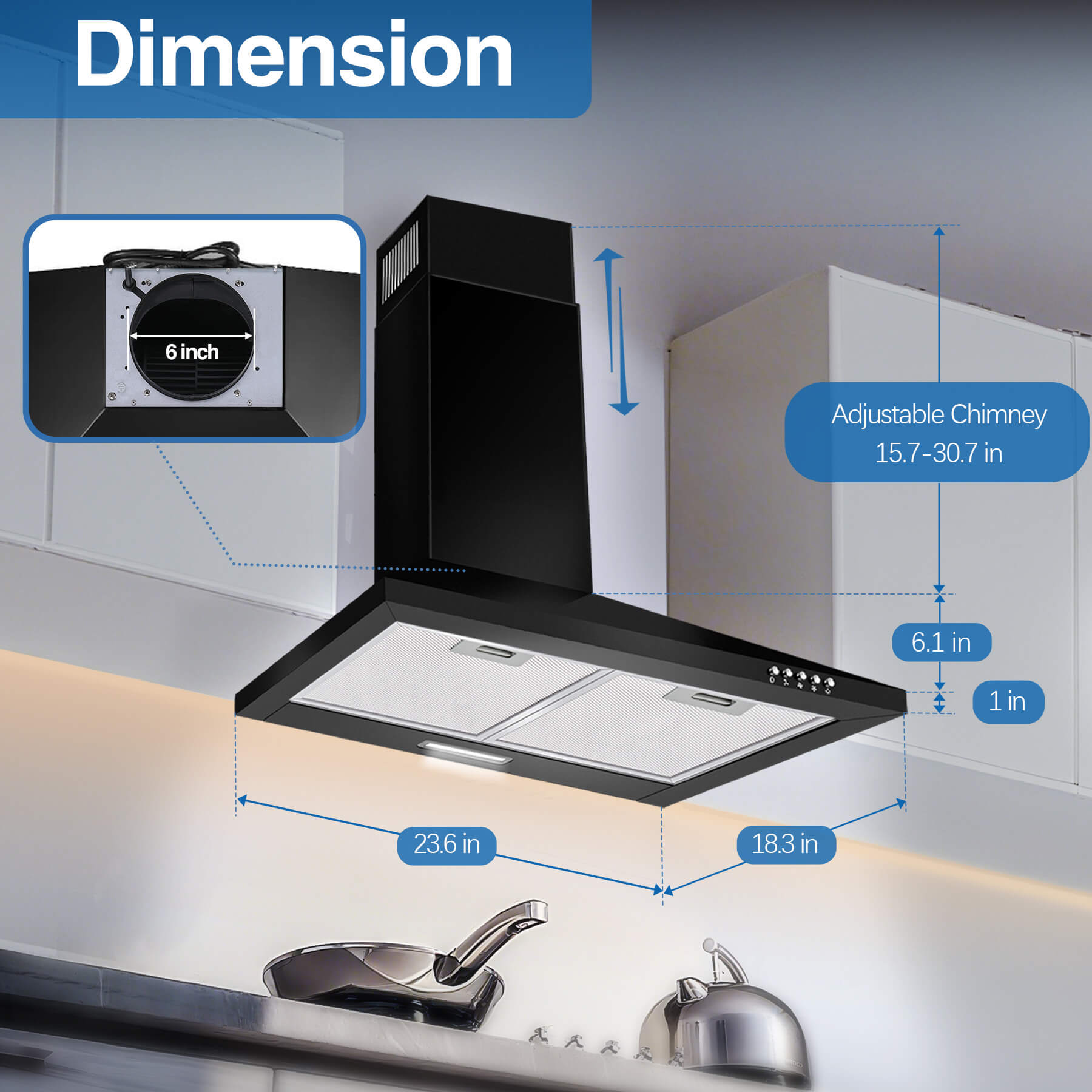 US1001G60BPA -24 inch Wall Mount Range Hood, 450 CFM Dcted/Ductless Black Vent Hood