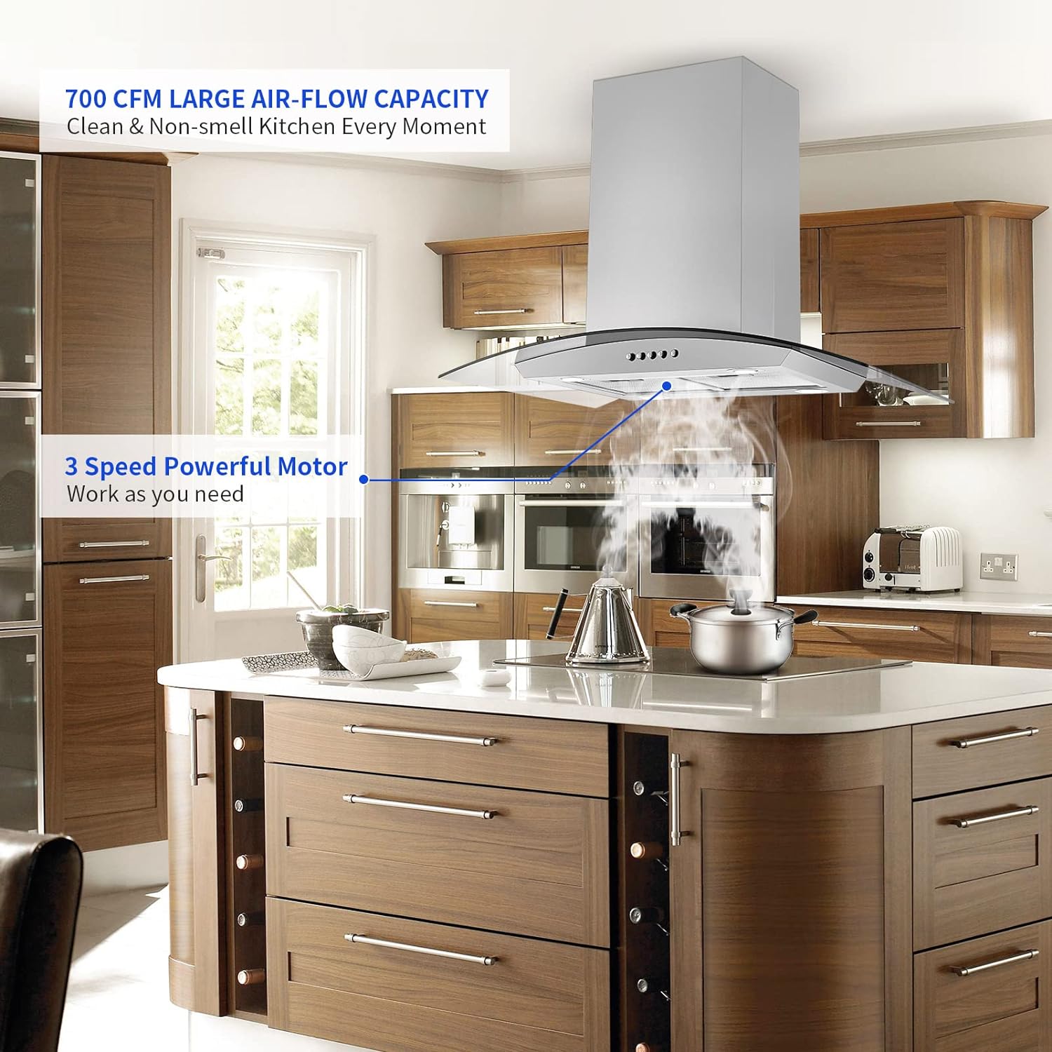 YY0275A-S - 30 Inch - 700 CFM - Island Range Hood Stainless Steel Push Button Control Kitchen Exhaust Ventilation Fan with 5-layer Mesh Filters,