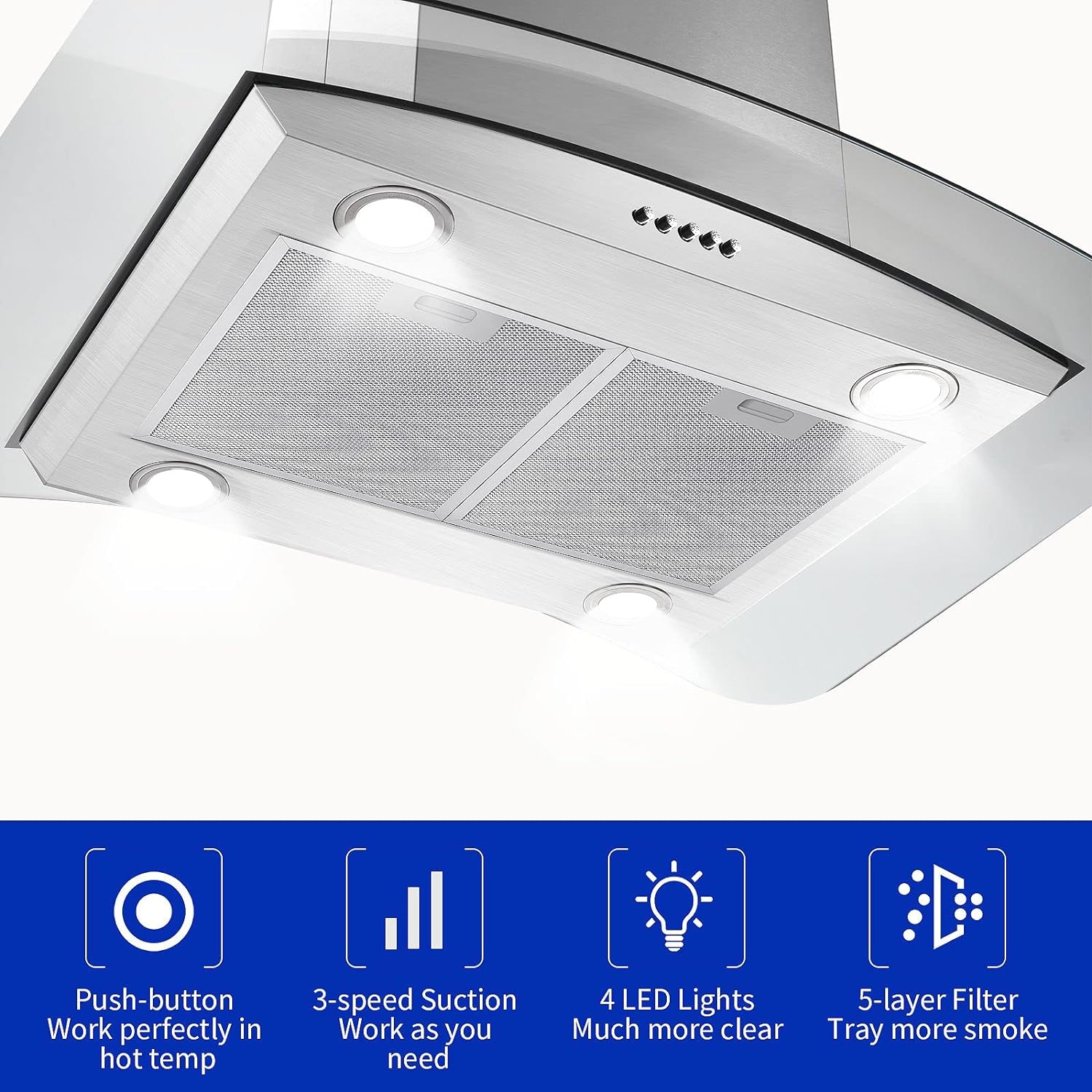 YY0275A-S - 30 Inch - 700 CFM - Island Range Hood Stainless Steel Push Button Control Kitchen Exhaust Ventilation Fan with 5-layer Mesh Filters,