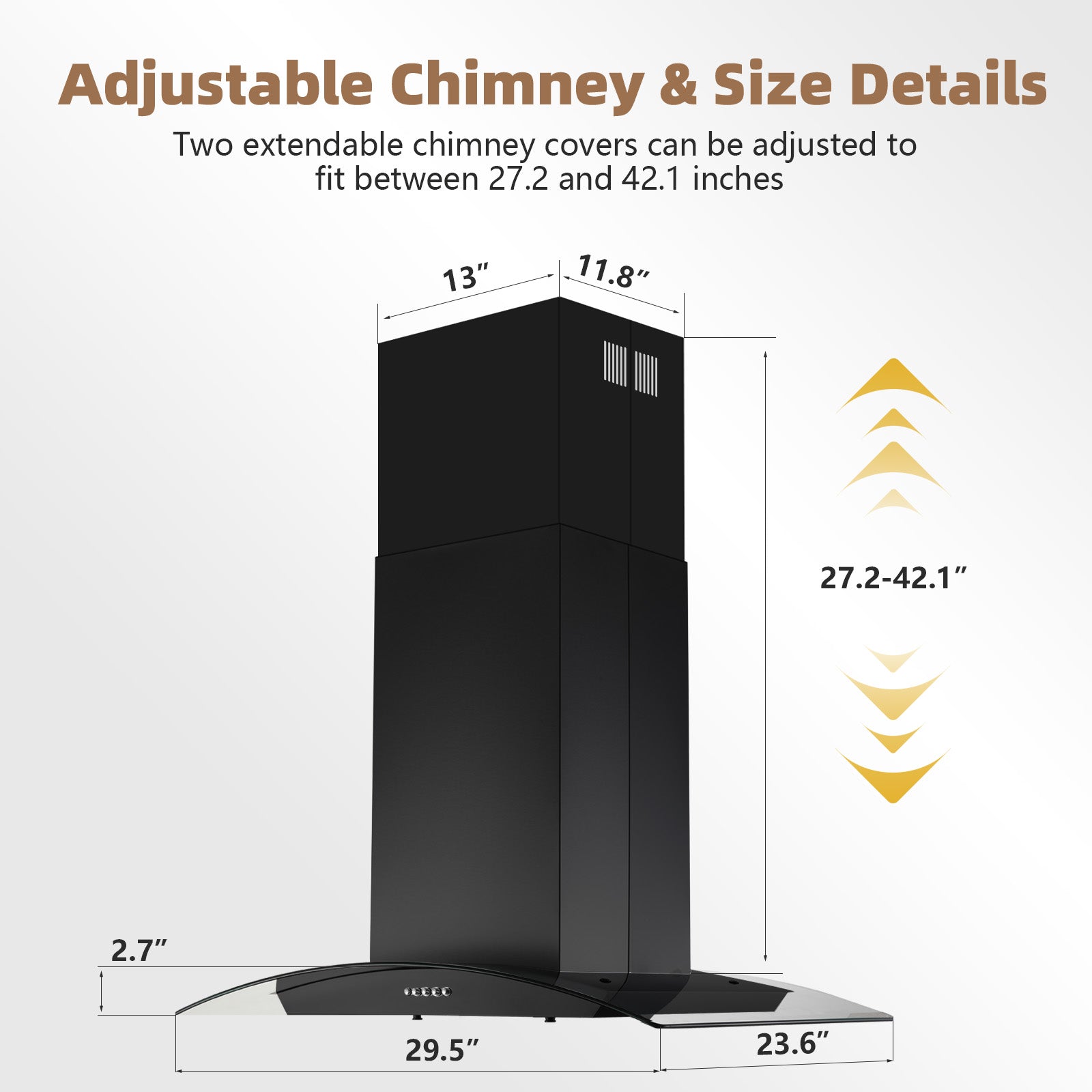 YY0275A - 30 Inch - 700 CFM - Island Range Hood with Push Button,  Kitchen Vent Hood Stainless Steel Ducted/Ductless Convertible Extractor Stove Exhaust Fan,