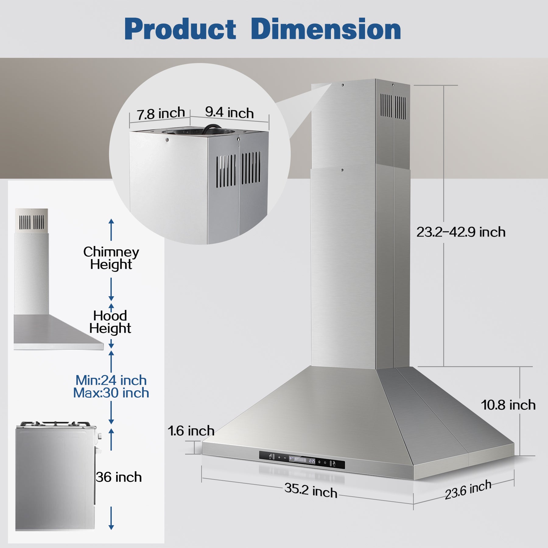 USGI1690 - 36 inch Island Range Hood, 700 CFM Kitchen Hood Vent with Gesture Sensing &Touch Control,Ducted/Ductless