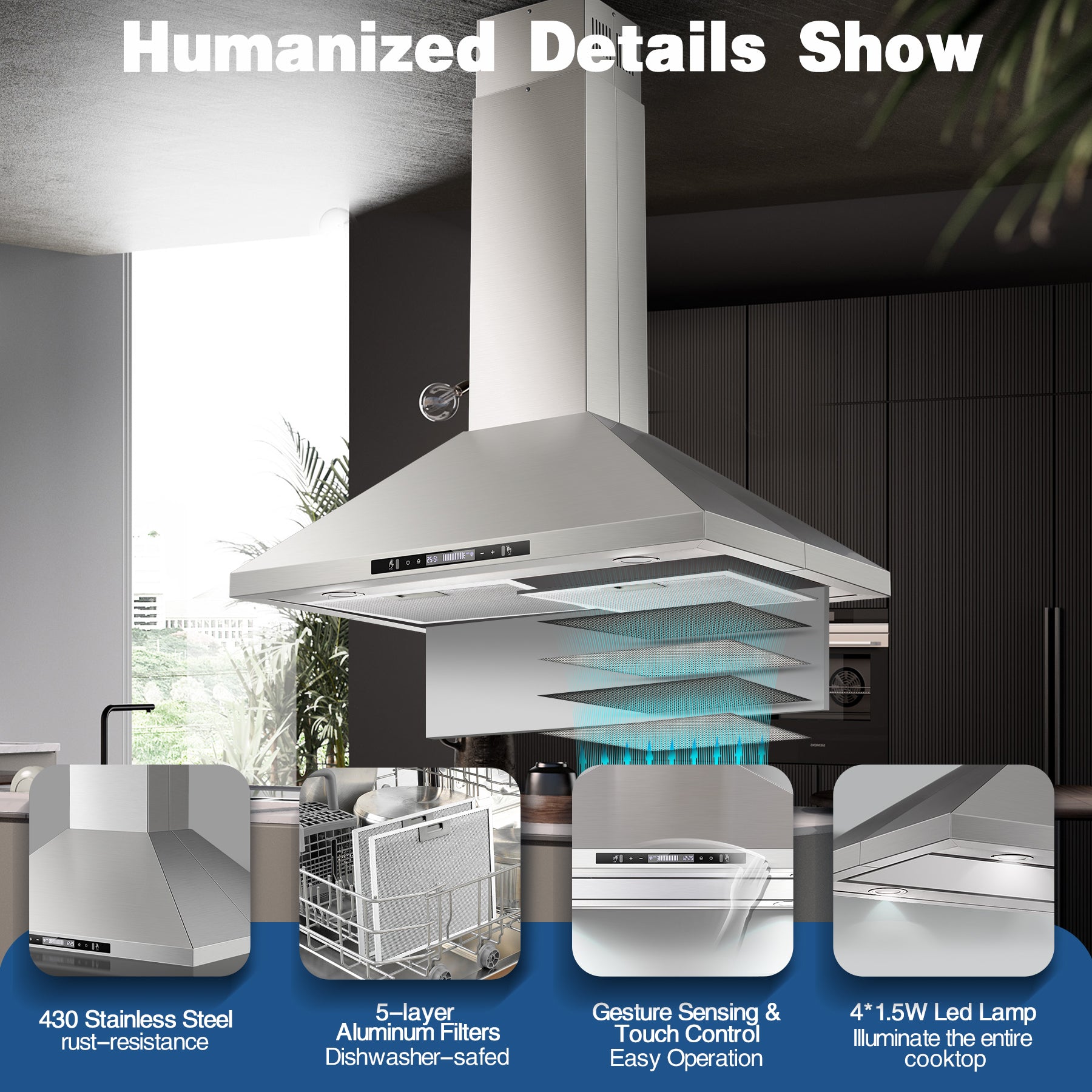 USGI1690 - 36 inch Island Range Hood, 700 CFM Kitchen Hood Vent with Gesture Sensing &Touch Control,Ducted/Ductless
