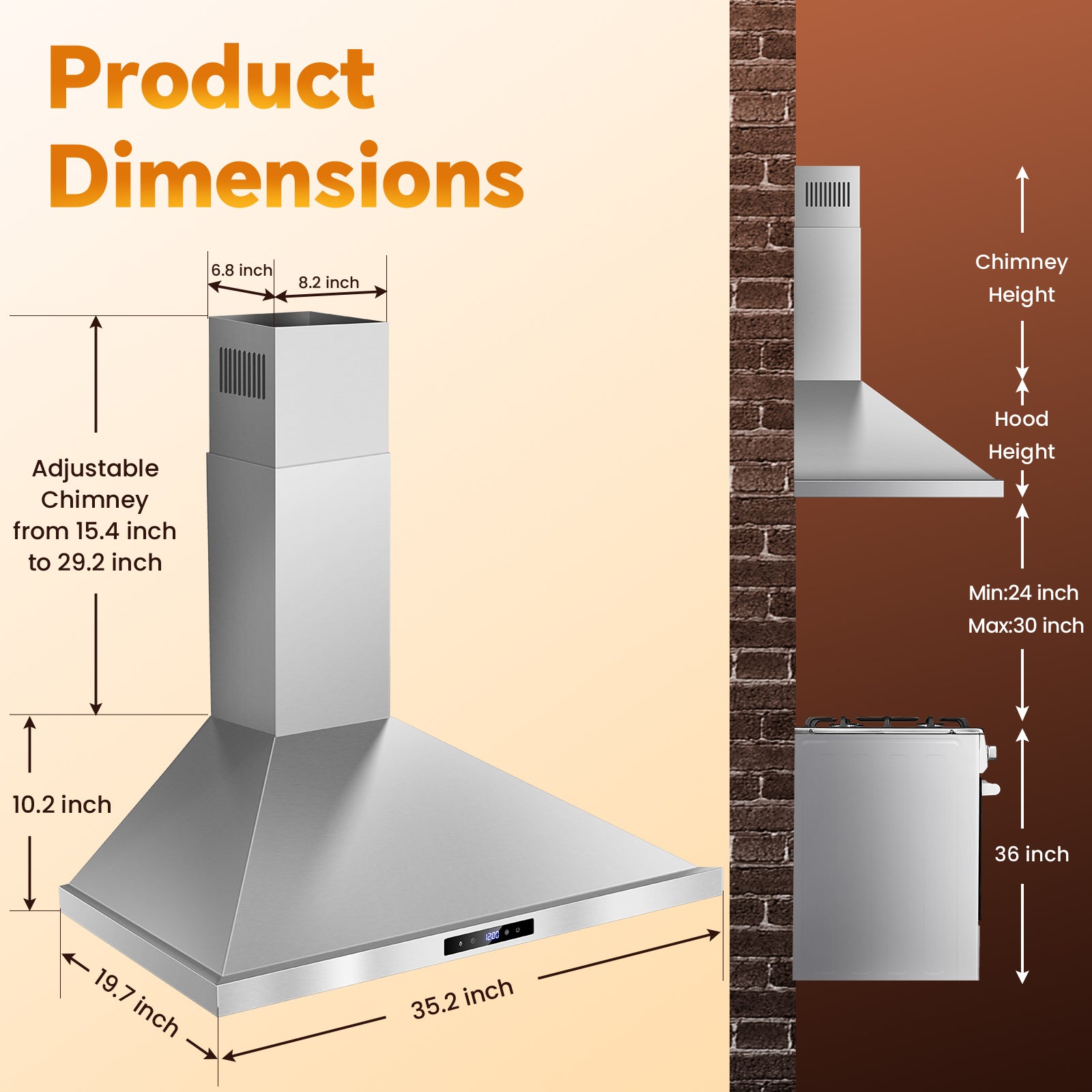 USGD1090 - 36 inch Wall Mount Range Hood - 700CFM Touch Control Vent Hood with Ducted/Ductless