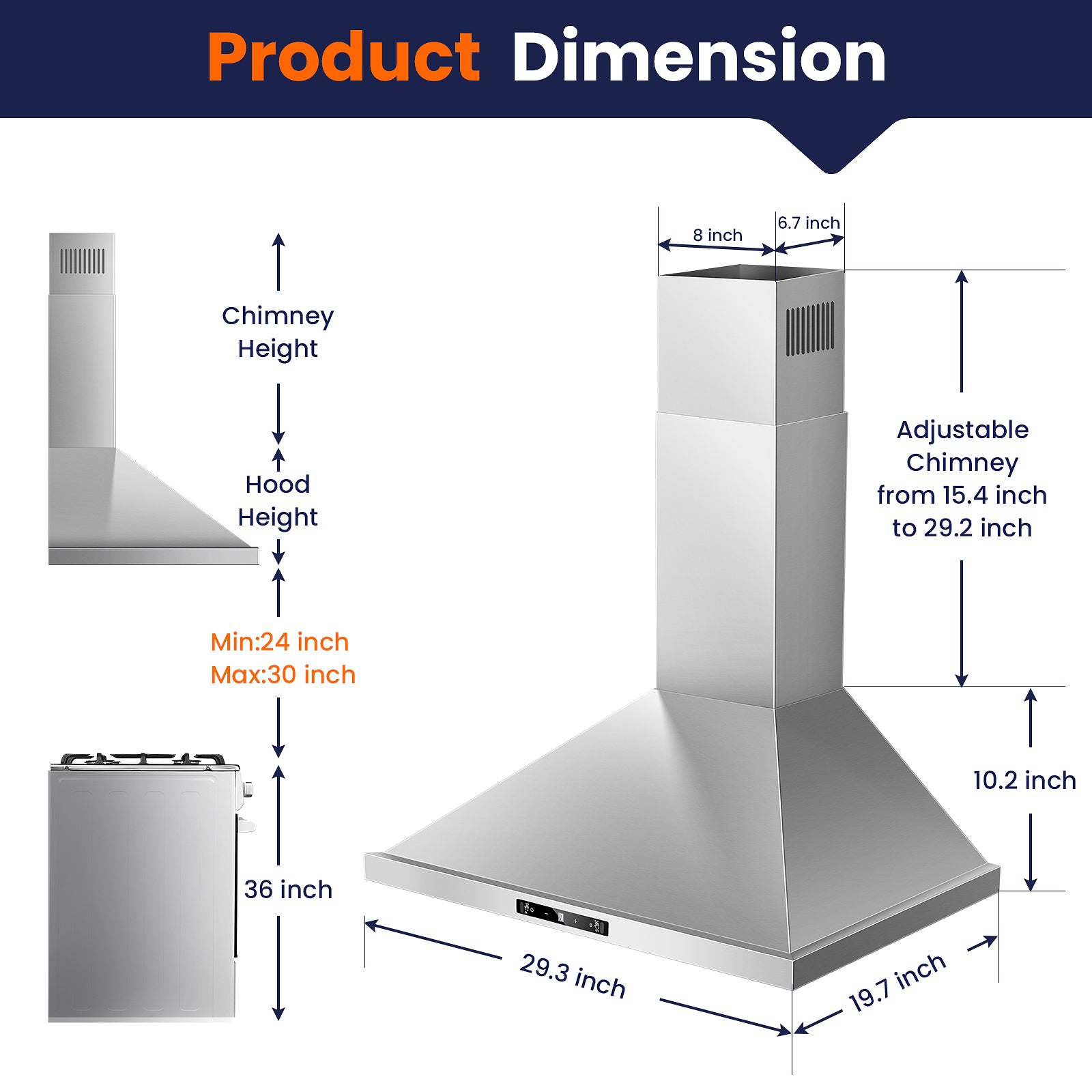 USGD0775 - 30 inch Wall Mount Range Hood , 700 CFM with Gesture Sensing & Touch Control, Ducted/Ductless, Stainless Steel Stove Vent Hood