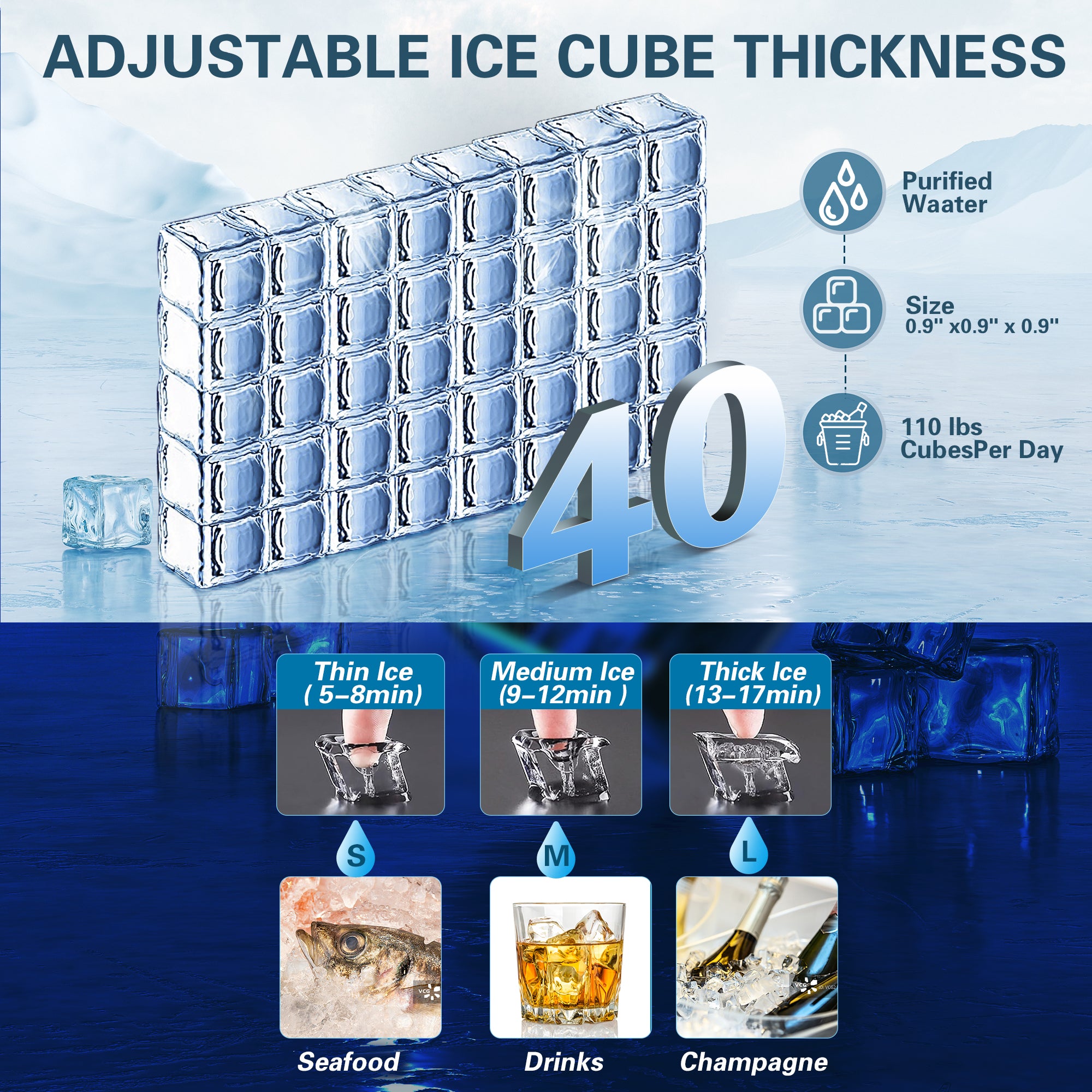 CIM40-1 - 110LBS/24H Under Counter Ice Maker, 40 Cubes/Cycle with 28LBS in 12-15 Minutes,Self-Cleaning,Ideal for Restaurant,Bars,Home,Includes Scoop