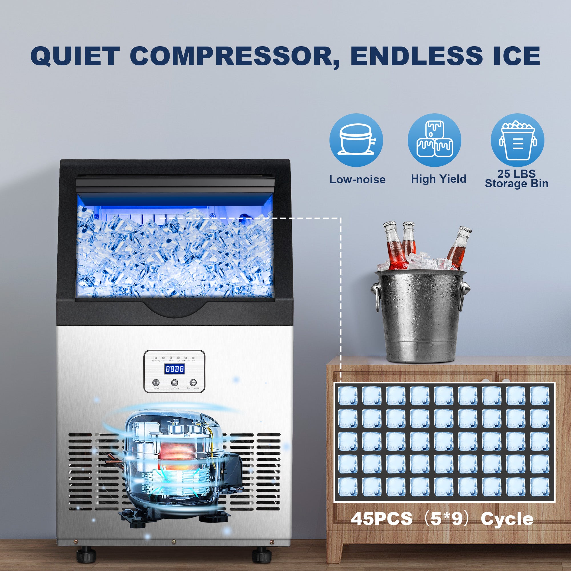 CIM40-FT - 110LBS/24H Under Counter Ice Maker, 45 Cubes/Cycle with 25LBS in 12-15 Minutes,Self-Cleaning,Ideal for Restaurant,Bars,Home,Includes Scoop