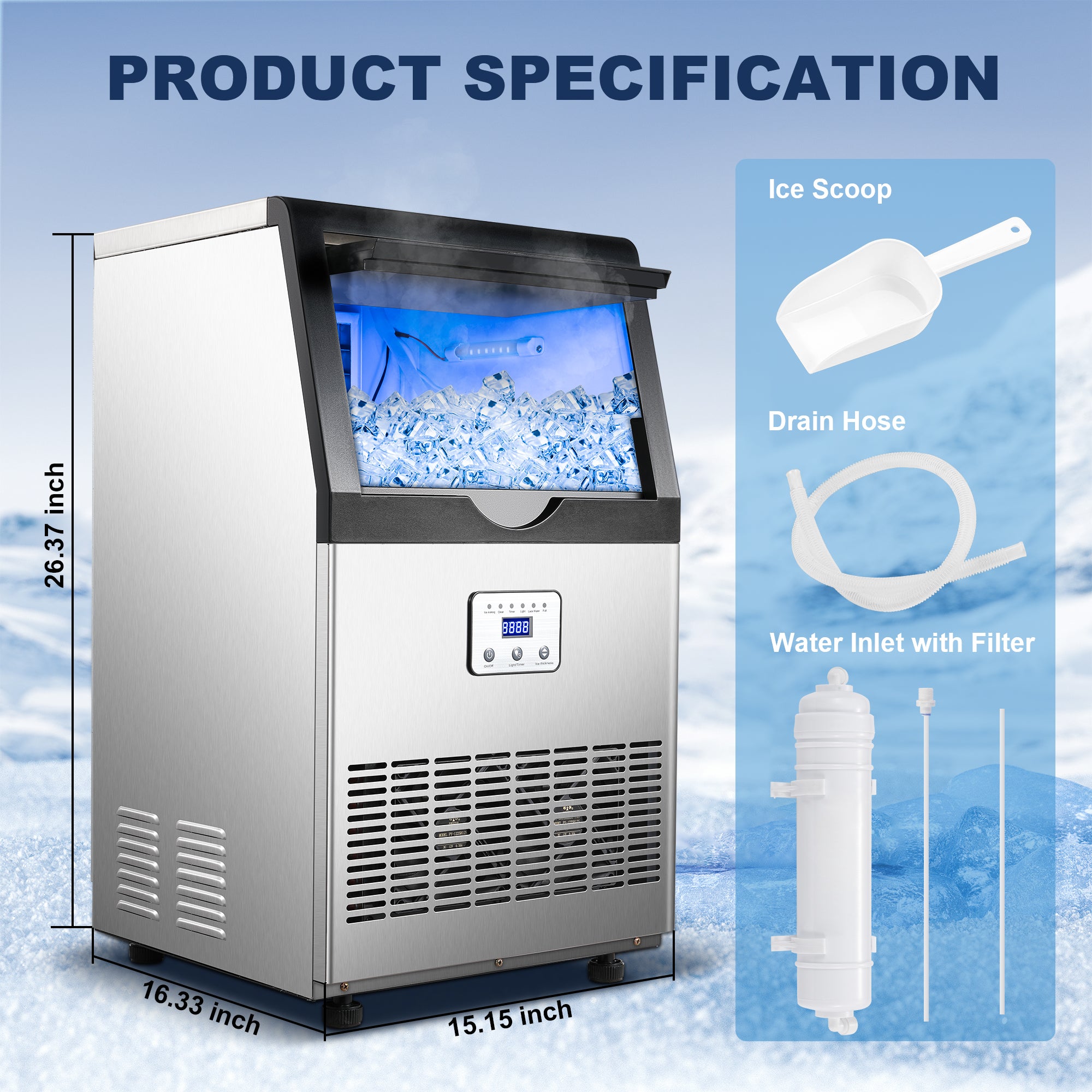 CIM40-FT - 110LBS/24H Under Counter Ice Maker, 45 Cubes/Cycle with 25LBS in 12-15 Minutes,Self-Cleaning,Ideal for Restaurant,Bars,Home,Includes Scoop