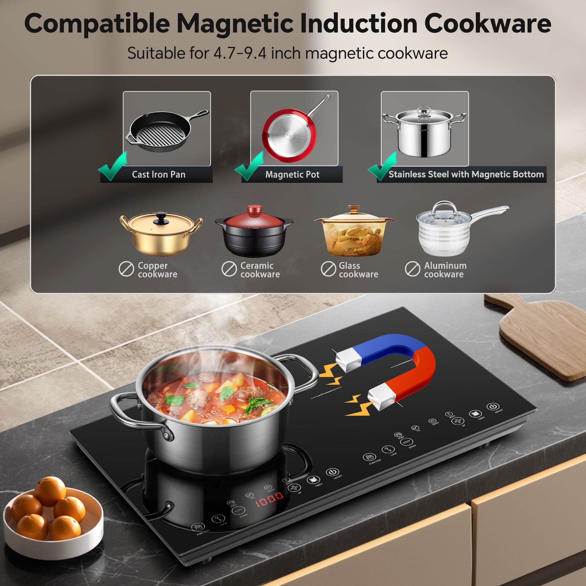 IHDIC16H181A - Portable Induction Cooktop 2 Burner - 1800W Double Induction Cooker with 8 Power Settings, 4 Pre-Set Modes, Ultra Thin Design, Sensor Touch Control, Child Safety Lock & Timer | Electric Cooktop