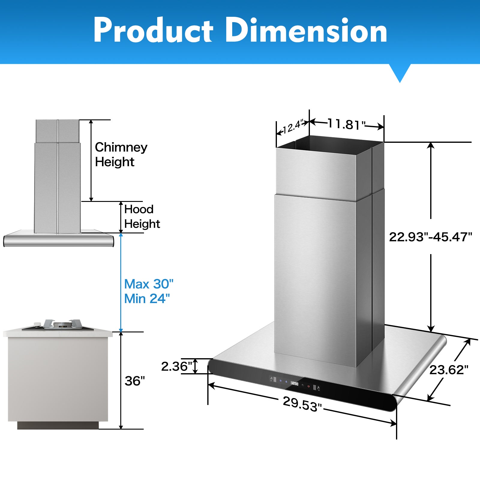 RH601I75BTGA- 30 Inch Island Range Hood, 700 CFM Dual-Sided Ceiling Mount Vent Hood, Convertible Ducted/Ductless, Touch,Gesture & Remote Control