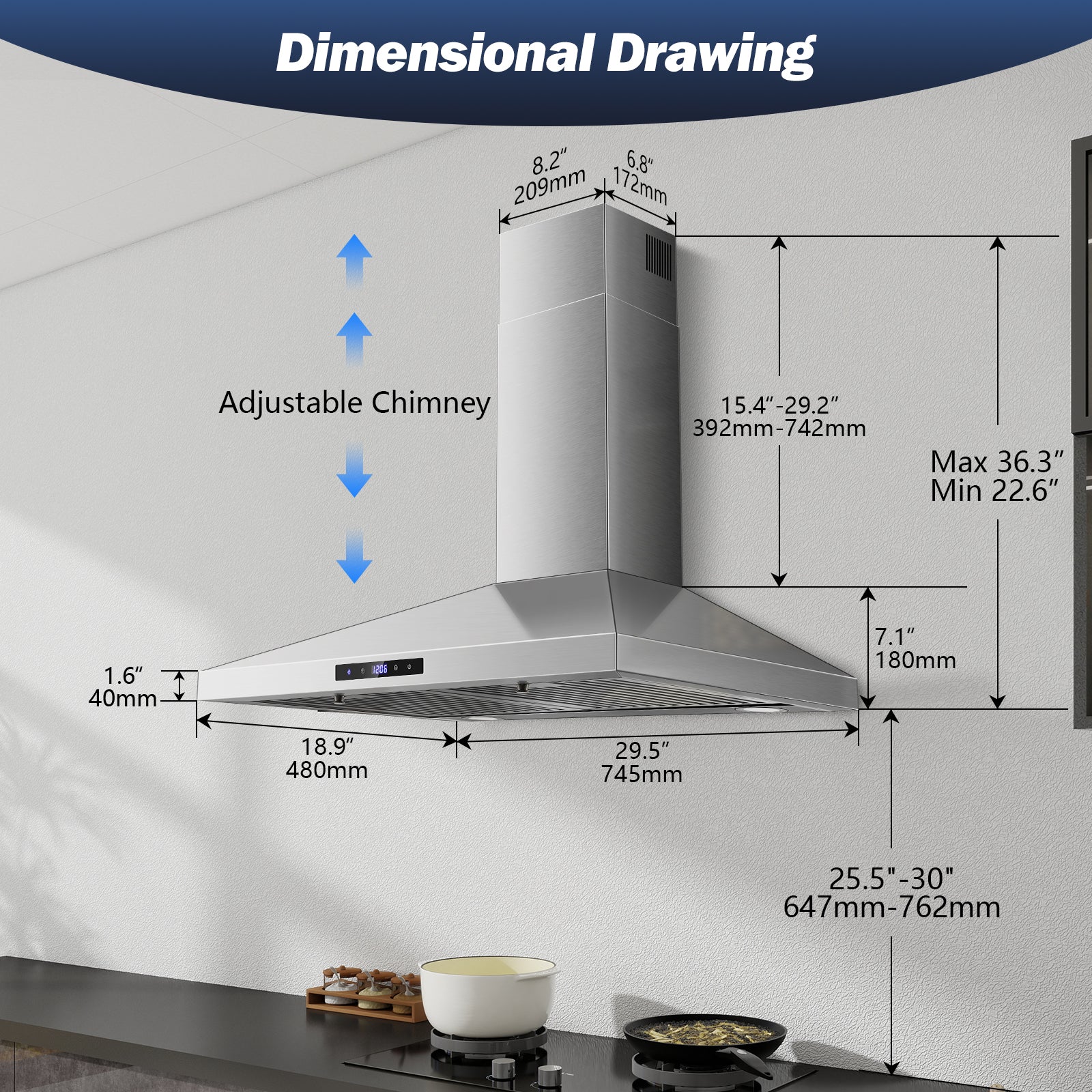 USGD2475B - 30 inch Wall Mount Range Hood - 450 CFM - Touch Control, Ducted/Ductless