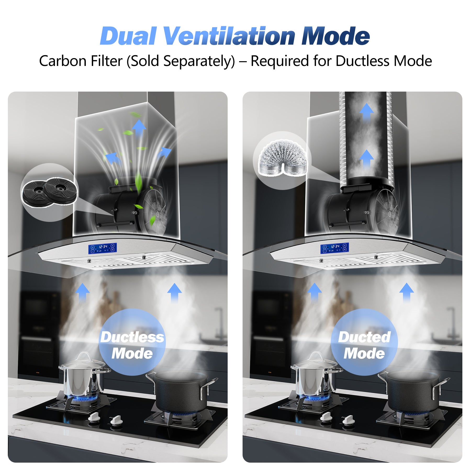 USGI0290B - 36 Inch - 700 CFM -  Island Range Hood Gesture & Touch Contro, Stainless Steel Ducted/Ductless Convertible