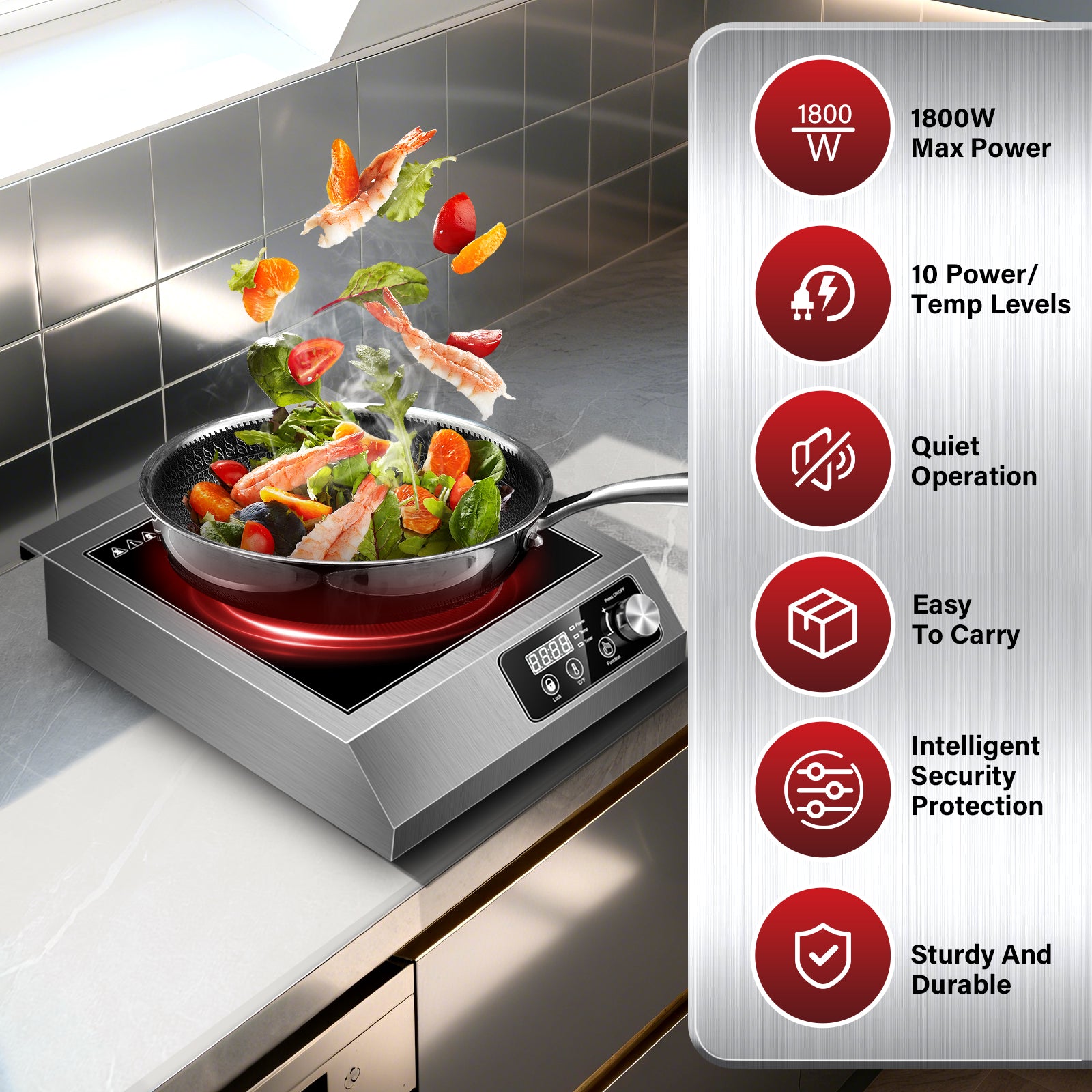 IHA800BU181A - Commercial Induction Cooktop,1800W Induction Burner with sensor touch, knob and LCD screen,ETL-Certified Single Electric Burner,Ten level precise temperature control,Large 8” Heating Coil