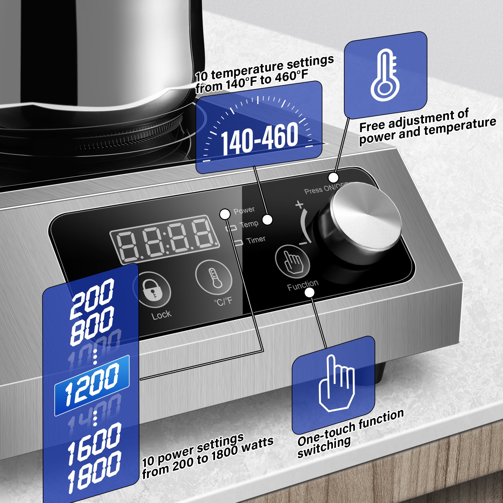 IHA800BU181A - Commercial Induction Cooktop,1800W Induction Burner with sensor touch, knob and LCD screen,ETL-Certified Single Electric Burner,Ten level precise temperature control,Large 8” Heating Coil