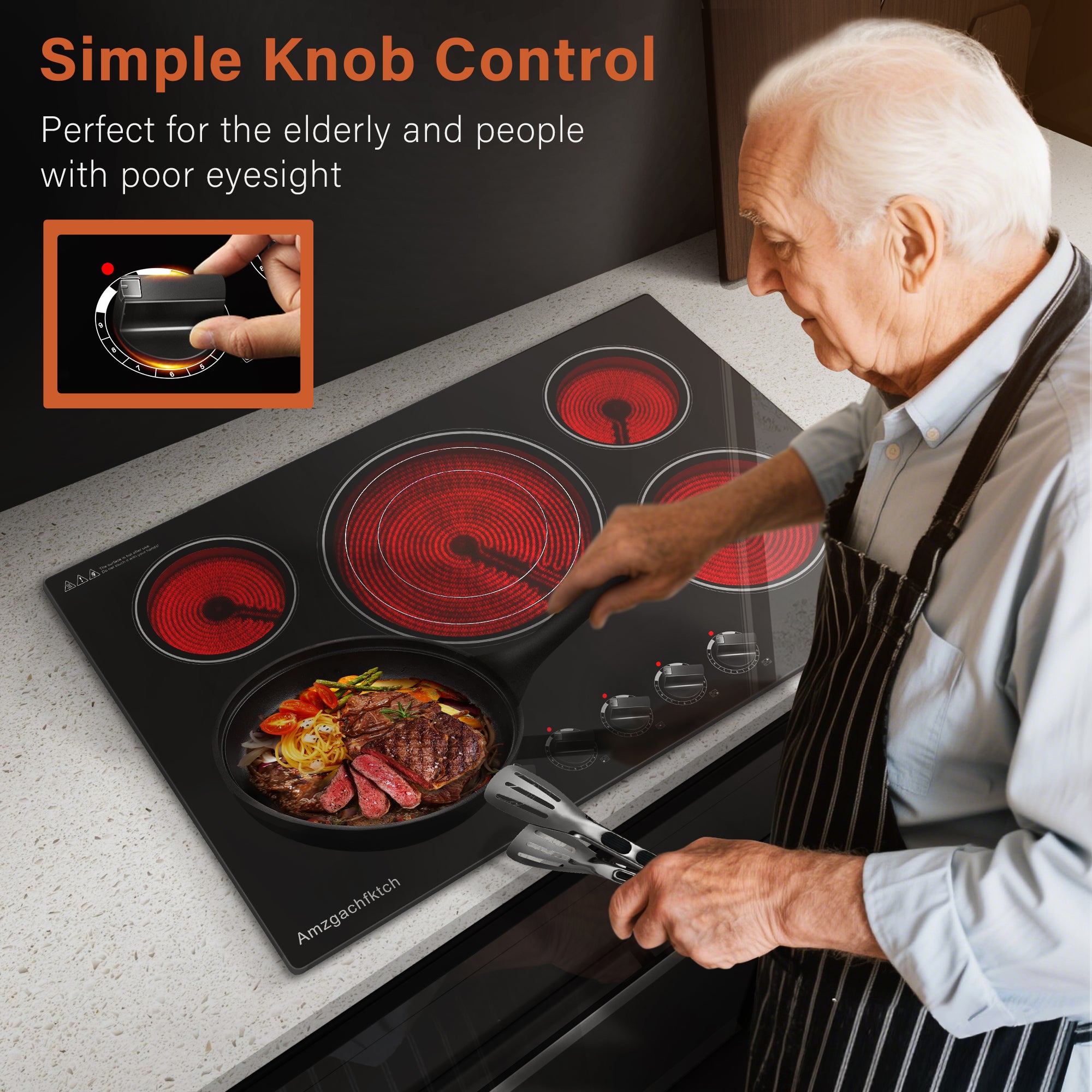CH30K230905A - 30 Inch Built-in Electric Cooktop with Expandable Triple Ring Burners, 5 Burner 9000W Ceramic Stove Top - Easy Knob Controls & Residual Heat Indicator (220-240V Hardwired)