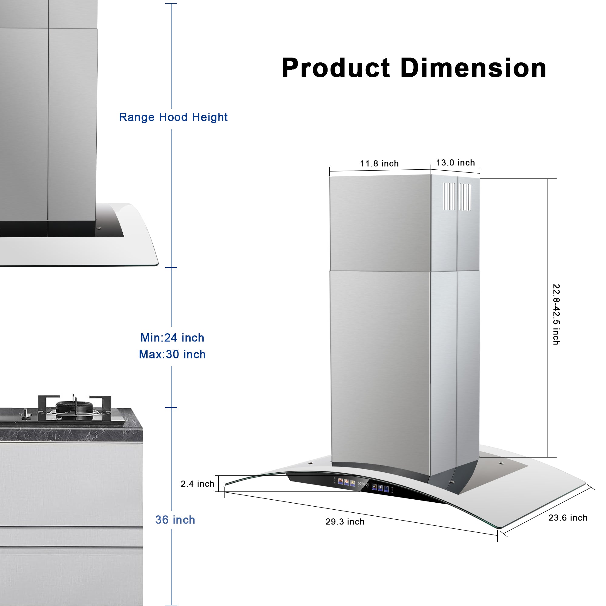 USGI0275BCP- 30 Inch Island Range Hood 700 CFM Ceiling Mount Kitchen Vent Hood Tempered Glass with Color Gesture Sensing & Touch Control