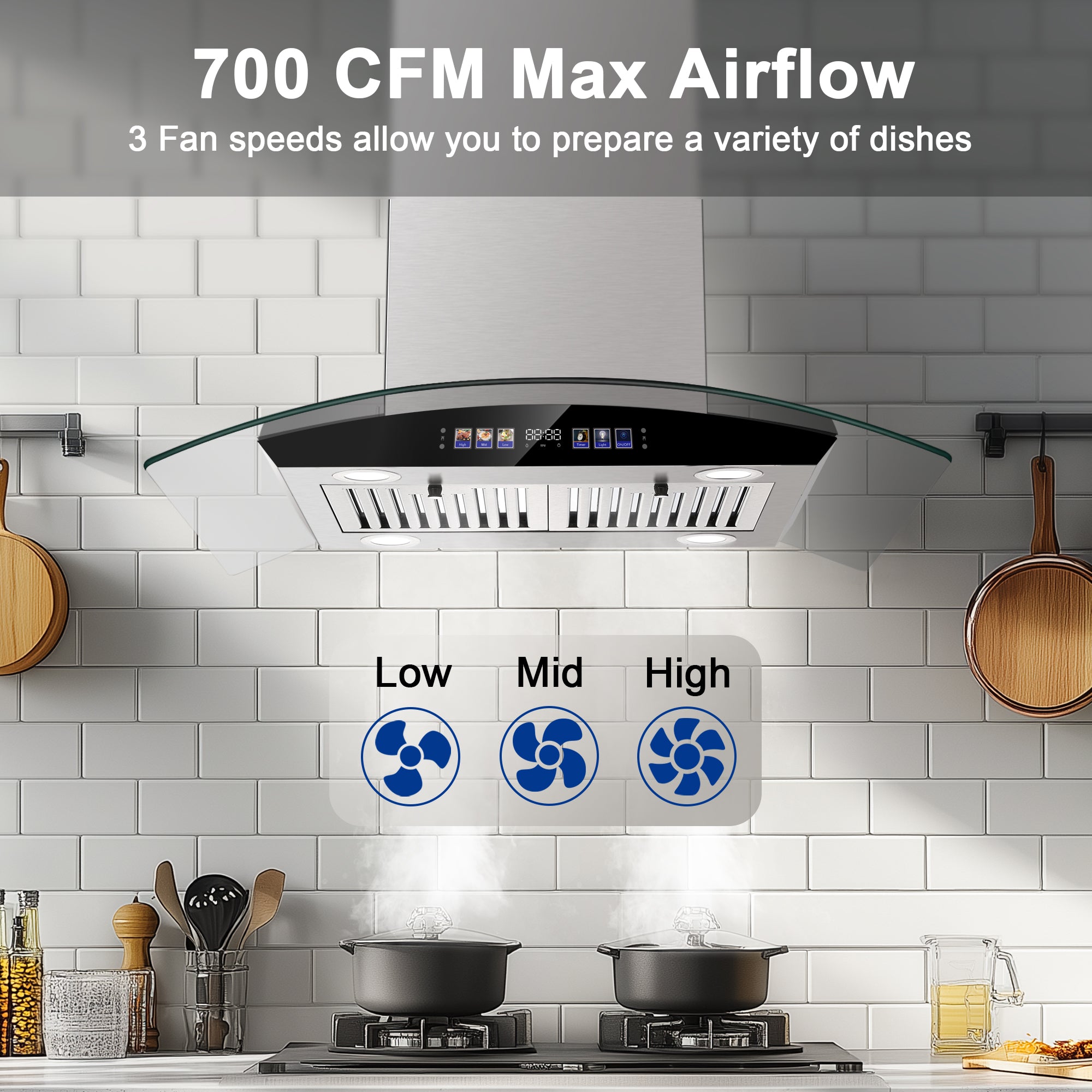 USGI0275BCP- 30 Inch Island Range Hood 700 CFM Ceiling Mount Kitchen Vent Hood Tempered Glass with Color Gesture Sensing & Touch Control