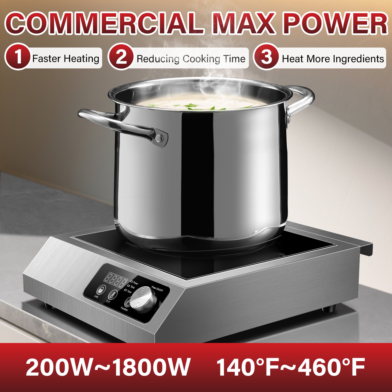 IHA800BU181A - Commercial Induction Cooktop,1800W Induction Burner with sensor touch, knob and LCD screen,ETL-Certified Single Electric Burner,Ten level precise temperature control,Large 8” Heating Coil