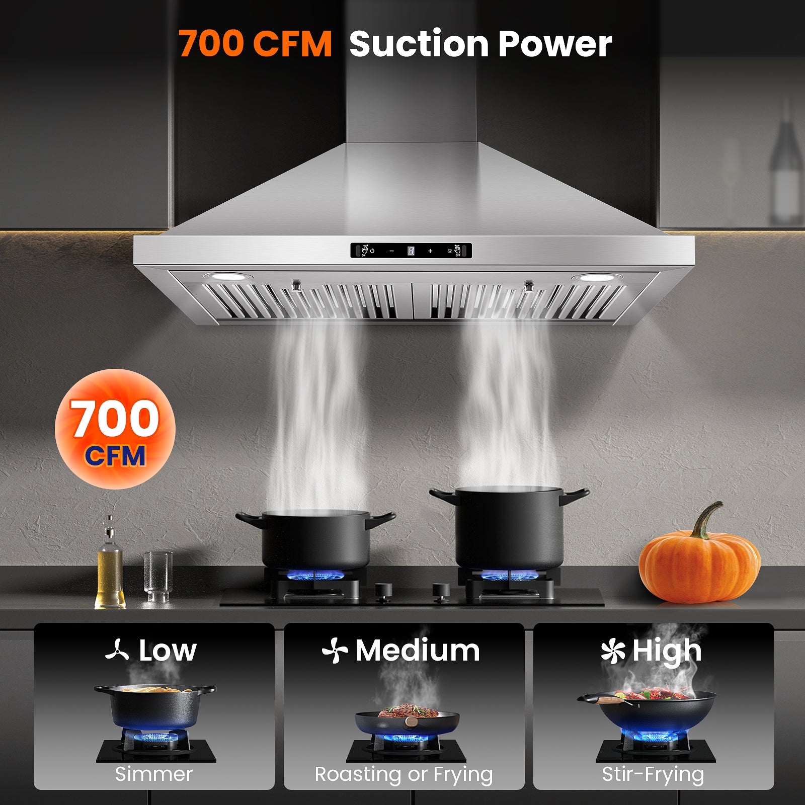 USGD0775 - 30 inch Wall Mount Range Hood , 700 CFM with Gesture Sensing & Touch Control, Ducted/Ductless, Stainless Steel Stove Vent Hood