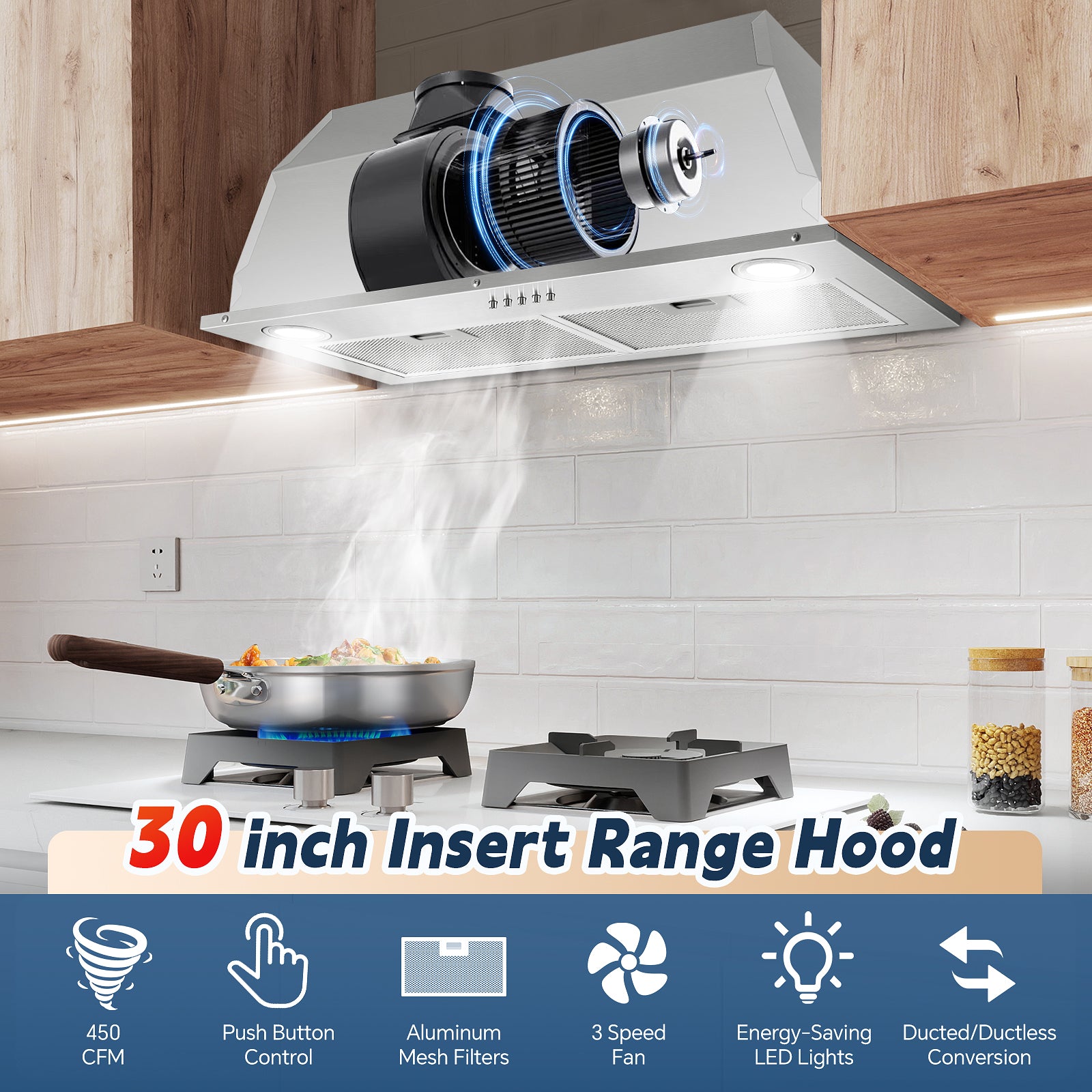 ZMS-1370A - Range Hood Insert 30 Inch Stainless Steel Built-in Kitchen Hood with 600CFM, Ductless/Ducted Range Hood, Push Button Control, 3-Speed Fan, 2 Pcs Aluminum Filters