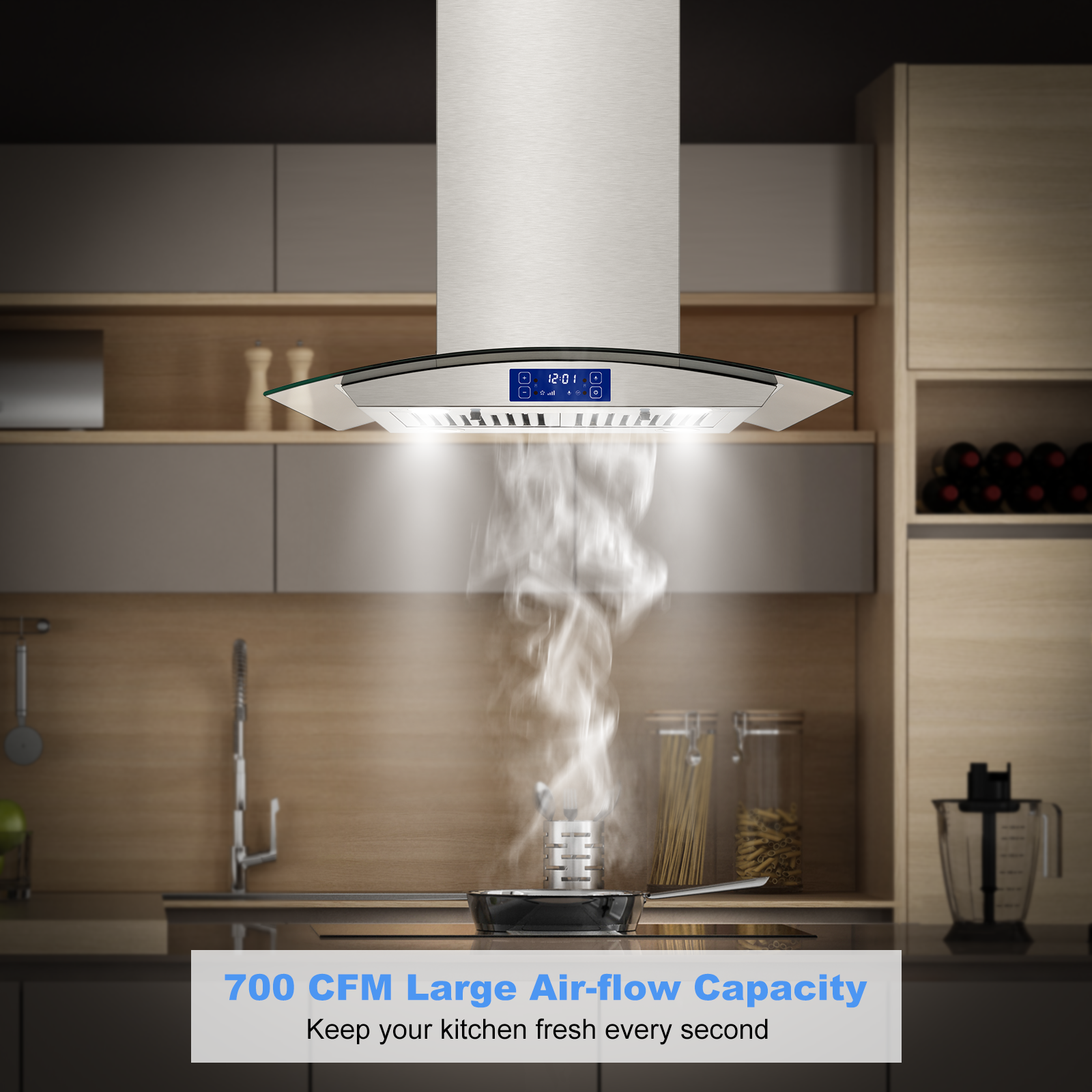 YY0275B-S - 30 Inch Island Range Hood - 700 CFM Gesture & Touch Control, Stainless Steel ConvertibleDucted/Ductless